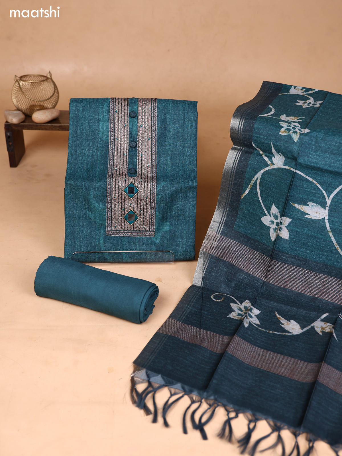 Peacock Green and Grey Art Silk Dress Material With Embroidery Work Neck Pattern and Bottom & Dupatta