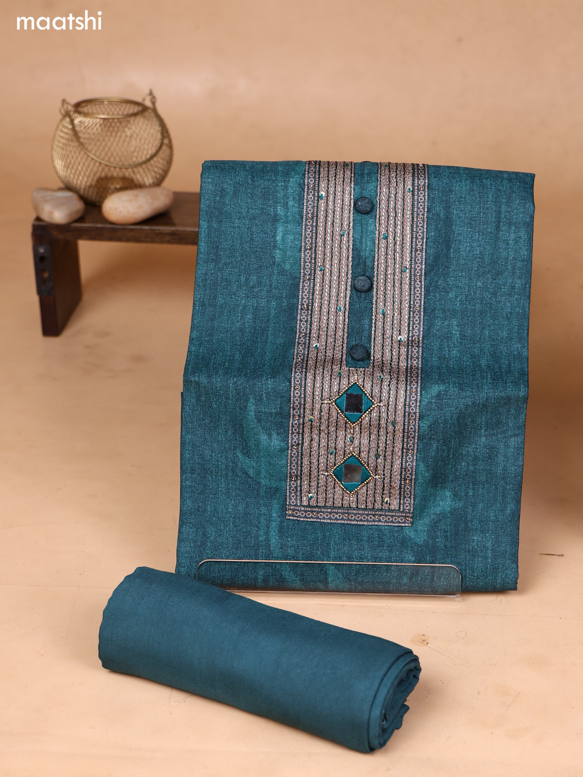 Peacock Green and Grey Art Silk Dress Material With Embroidery Work Neck Pattern and Bottom & Dupatta