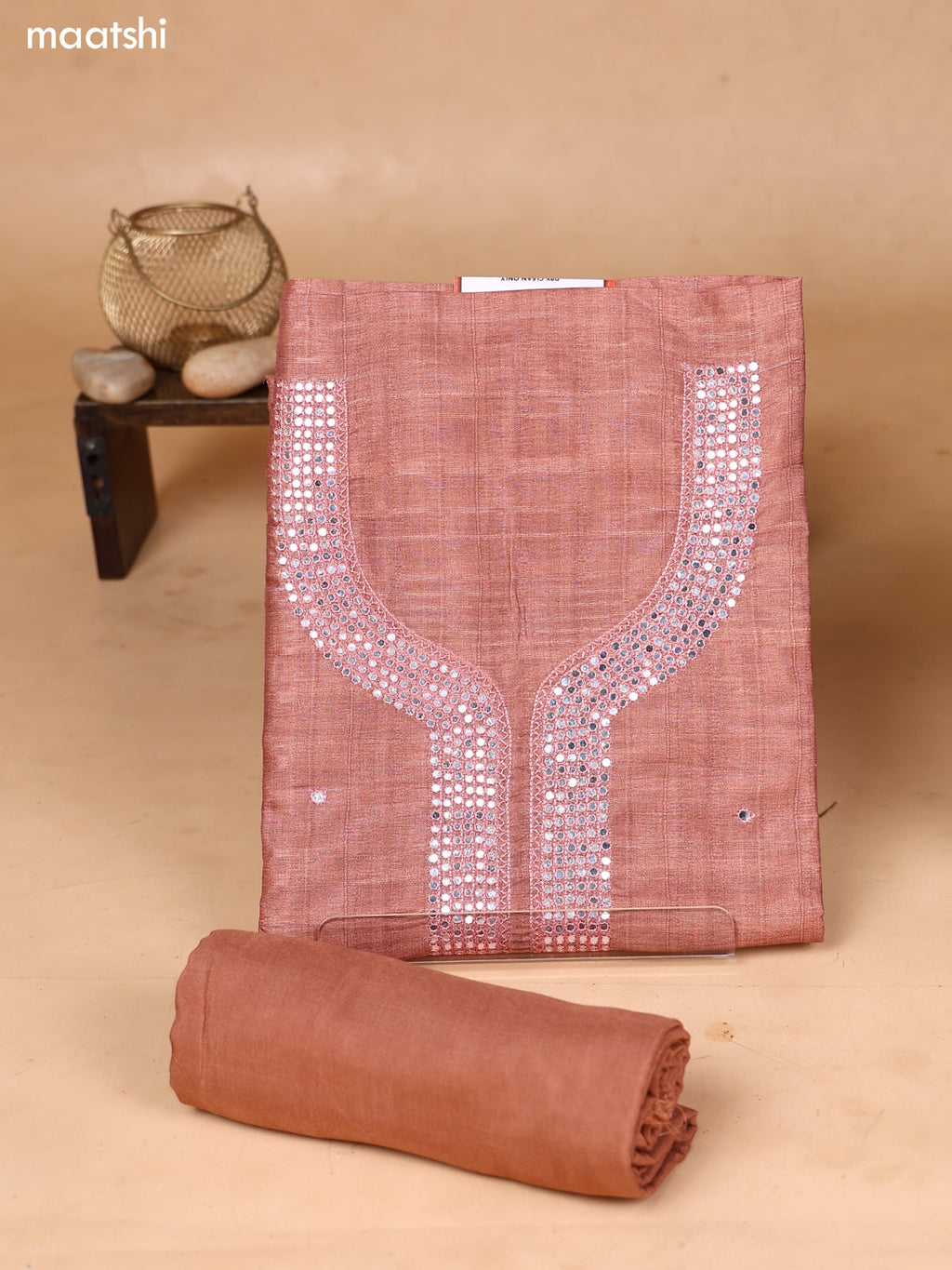 Dark Peach and Biege Art Silk Dress Material With Mirror Embroidery Work Neck Pattern and Bottom & Dupatta