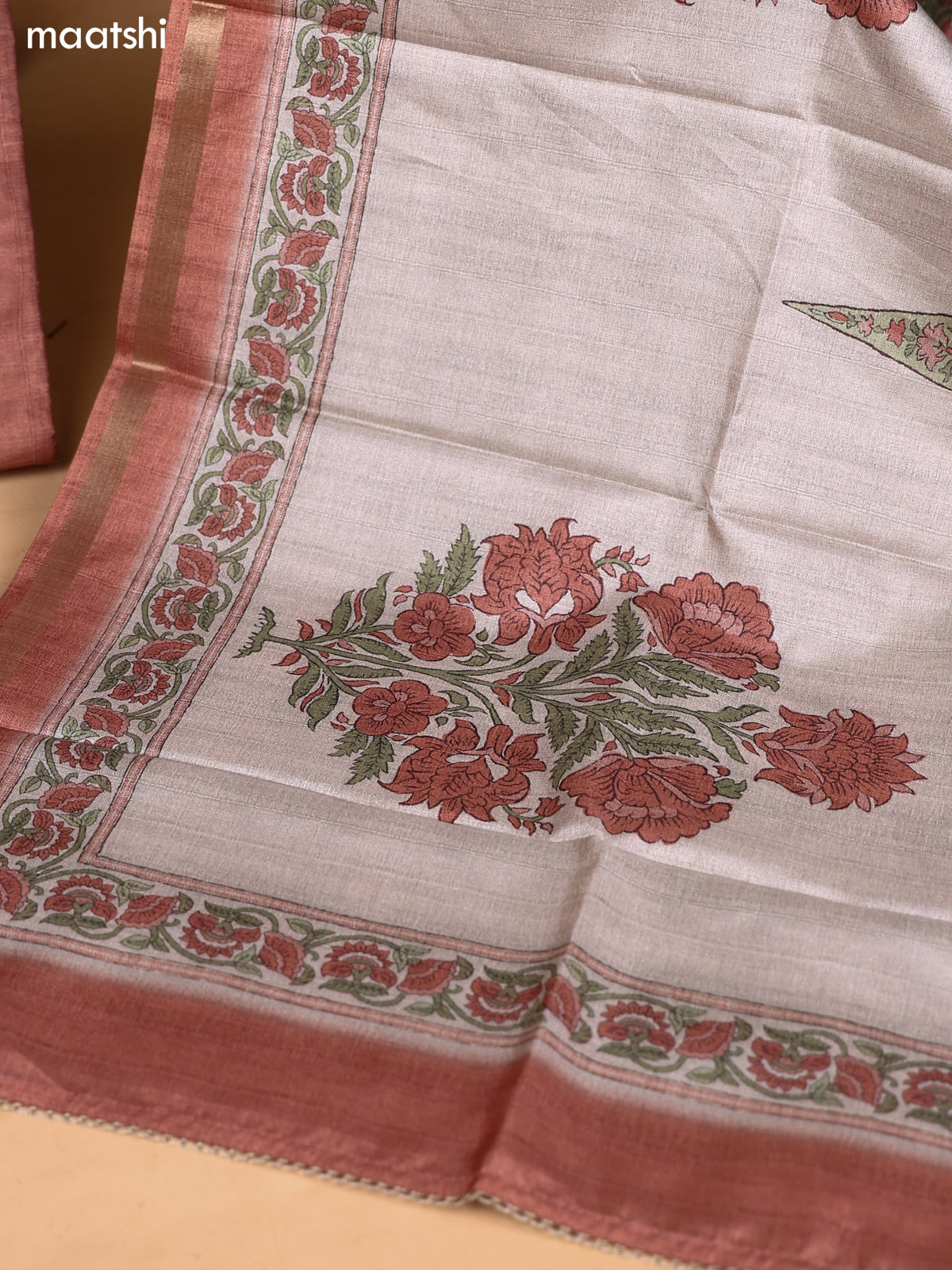 Dark Peach and Biege Art Silk Dress Material With Mirror Embroidery Work Neck Pattern and Bottom & Dupatta