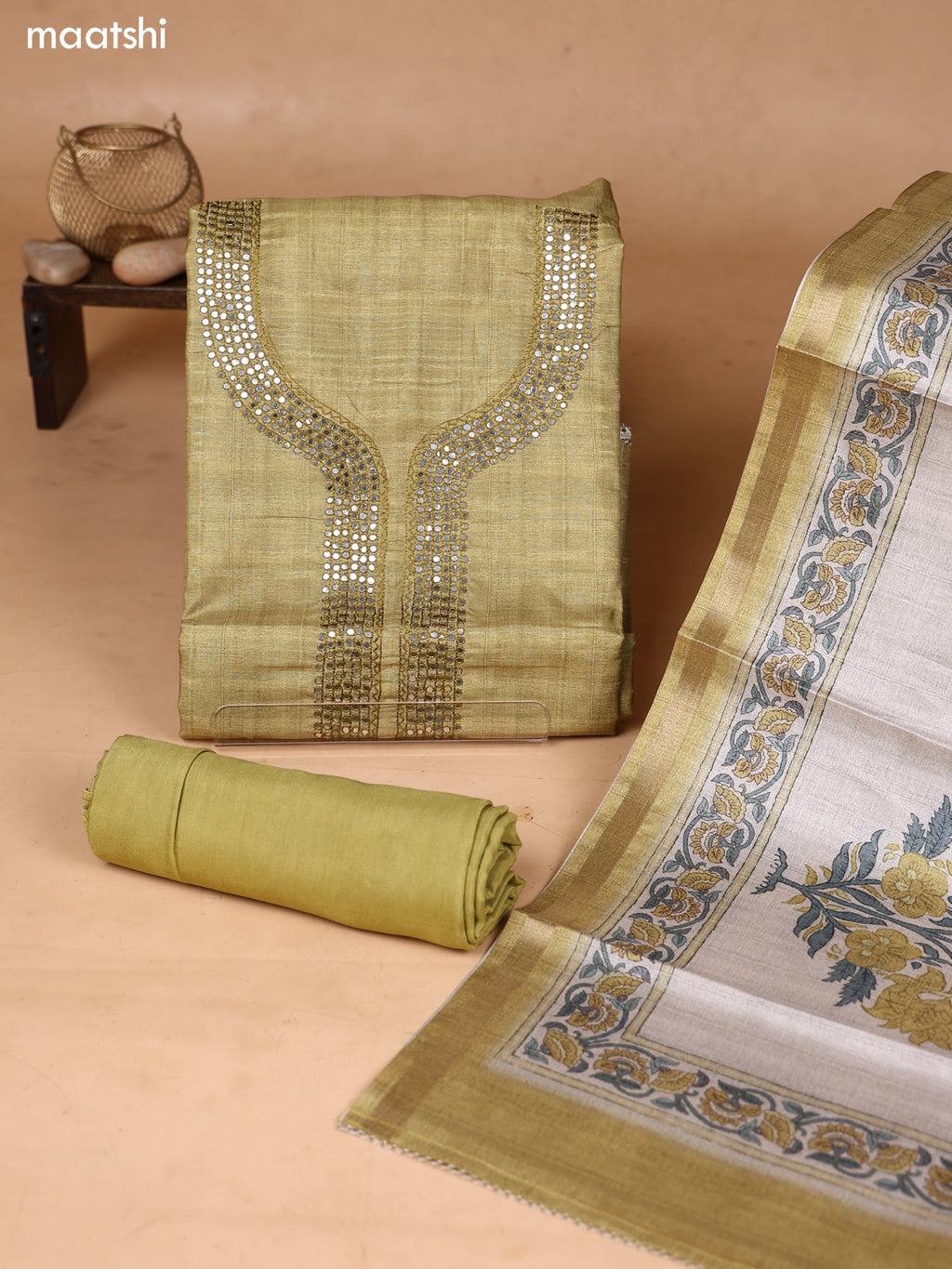 Mehendi Green and Biege Art Silk Dress Material With Mirror Embroidery Work Neck Pattern and Bottom & Dupatta