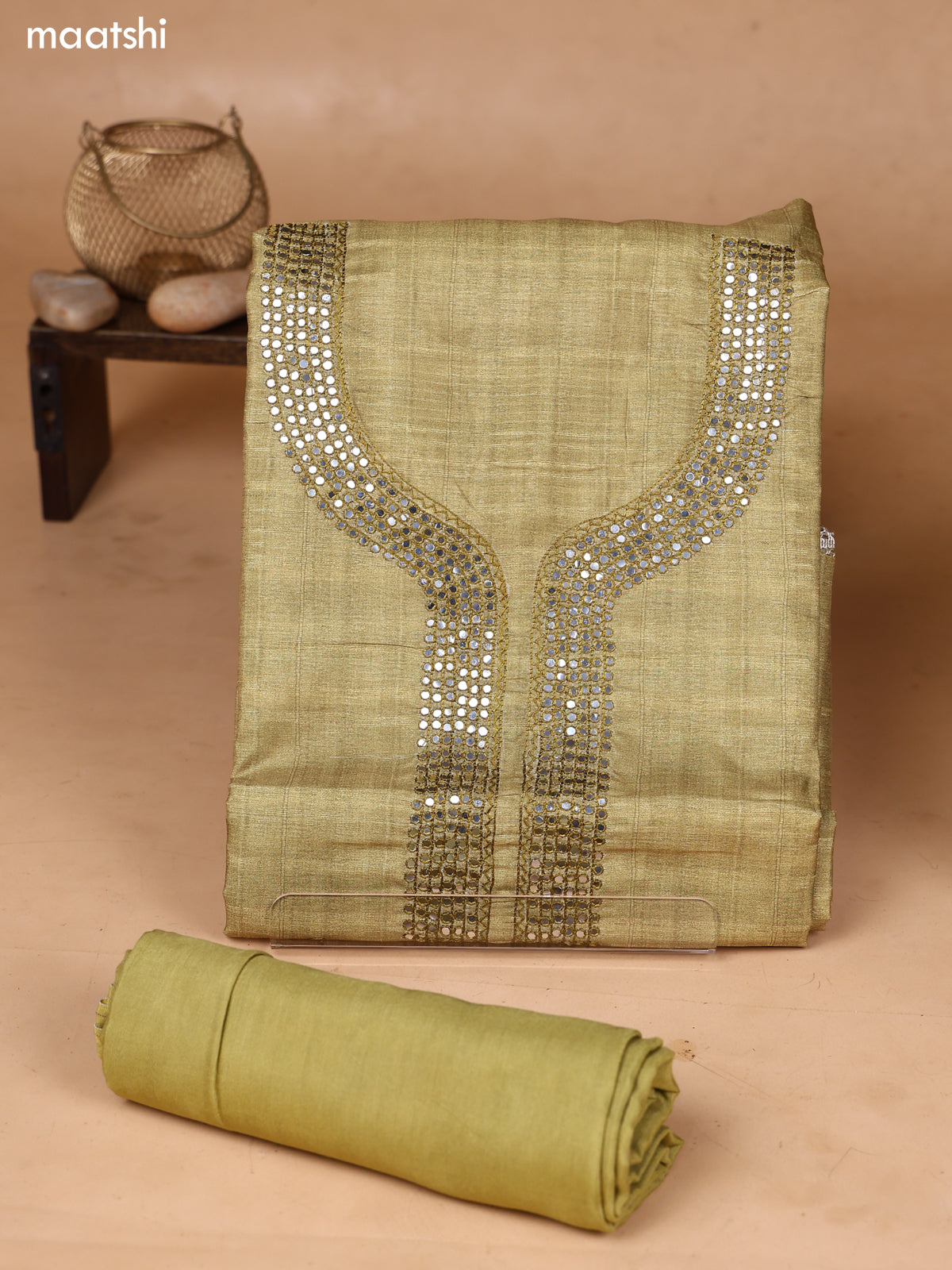 Mehendi Green and Biege Art Silk Dress Material With Mirror Embroidery Work Neck Pattern and Bottom & Dupatta