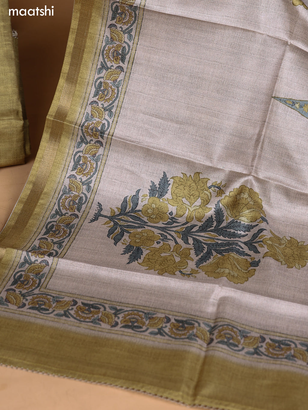 Mehendi Green and Biege Art Silk Dress Material With Mirror Embroidery Work Neck Pattern and Bottom & Dupatta
