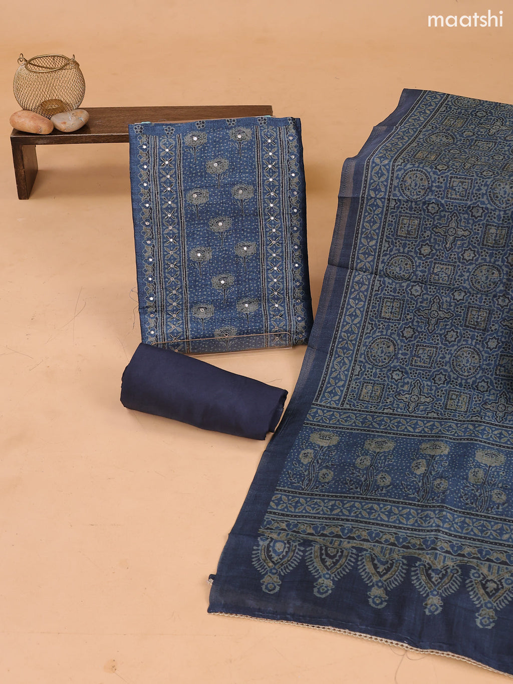 Blue Art Tussar Dress Material With Printed & Mirror Embroidery Work Neck Pattern and Bottom & Dupatta