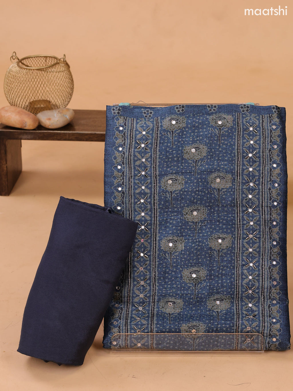 Blue Art Tussar Dress Material With Printed & Mirror Embroidery Work Neck Pattern and Bottom & Dupatta