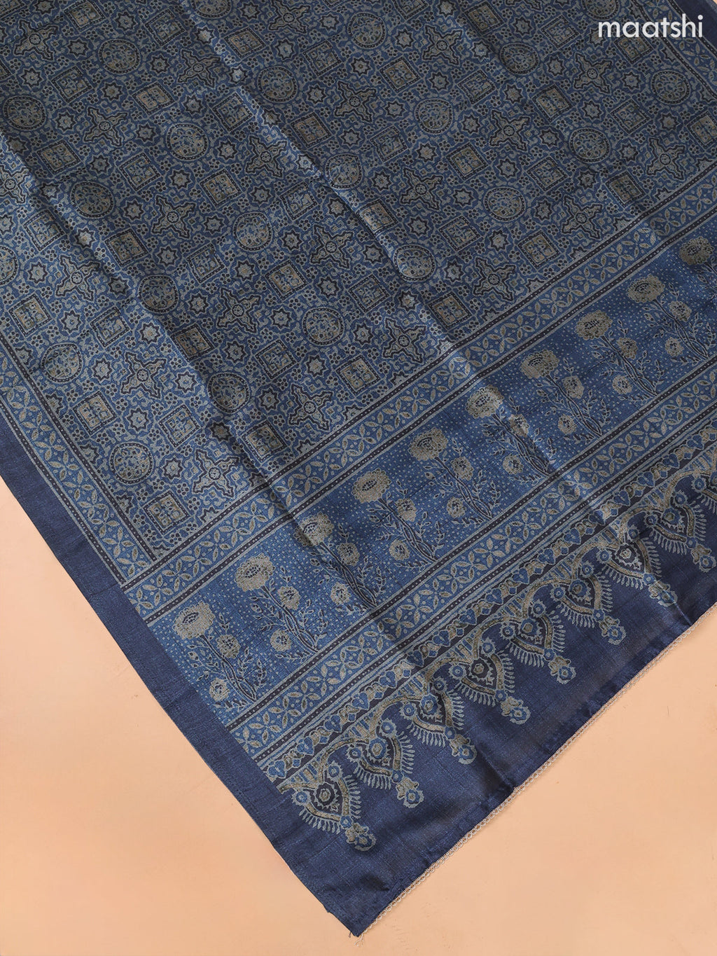 Blue Art Tussar Dress Material With Printed & Mirror Embroidery Work Neck Pattern and Bottom & Dupatta