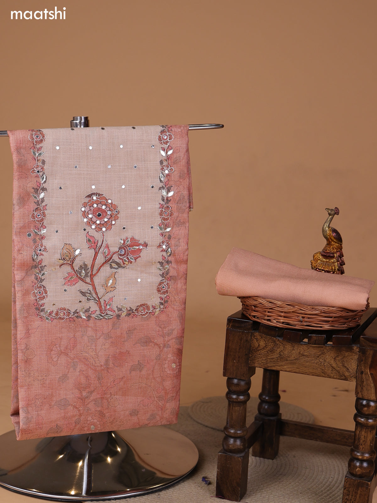 Peach and Biege Tissue Linen Dress Material With Floral Prints & Embroidery Work Neck Pattern and Bottom & Dupatta