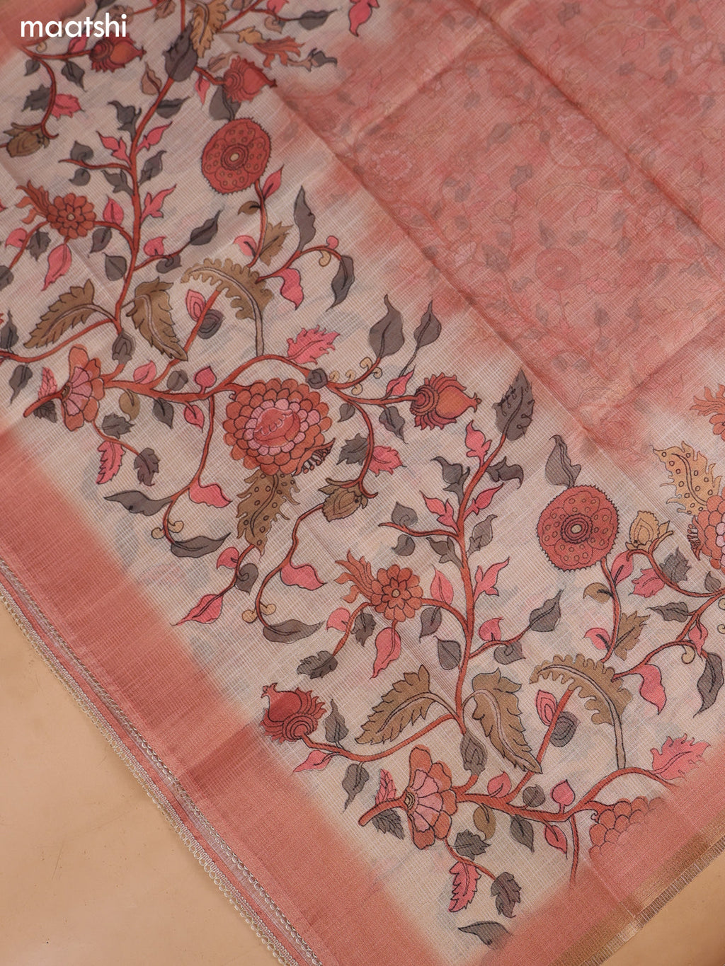 Peach and Biege Tissue Linen Dress Material With Floral Prints & Embroidery Work Neck Pattern and Bottom & Dupatta
