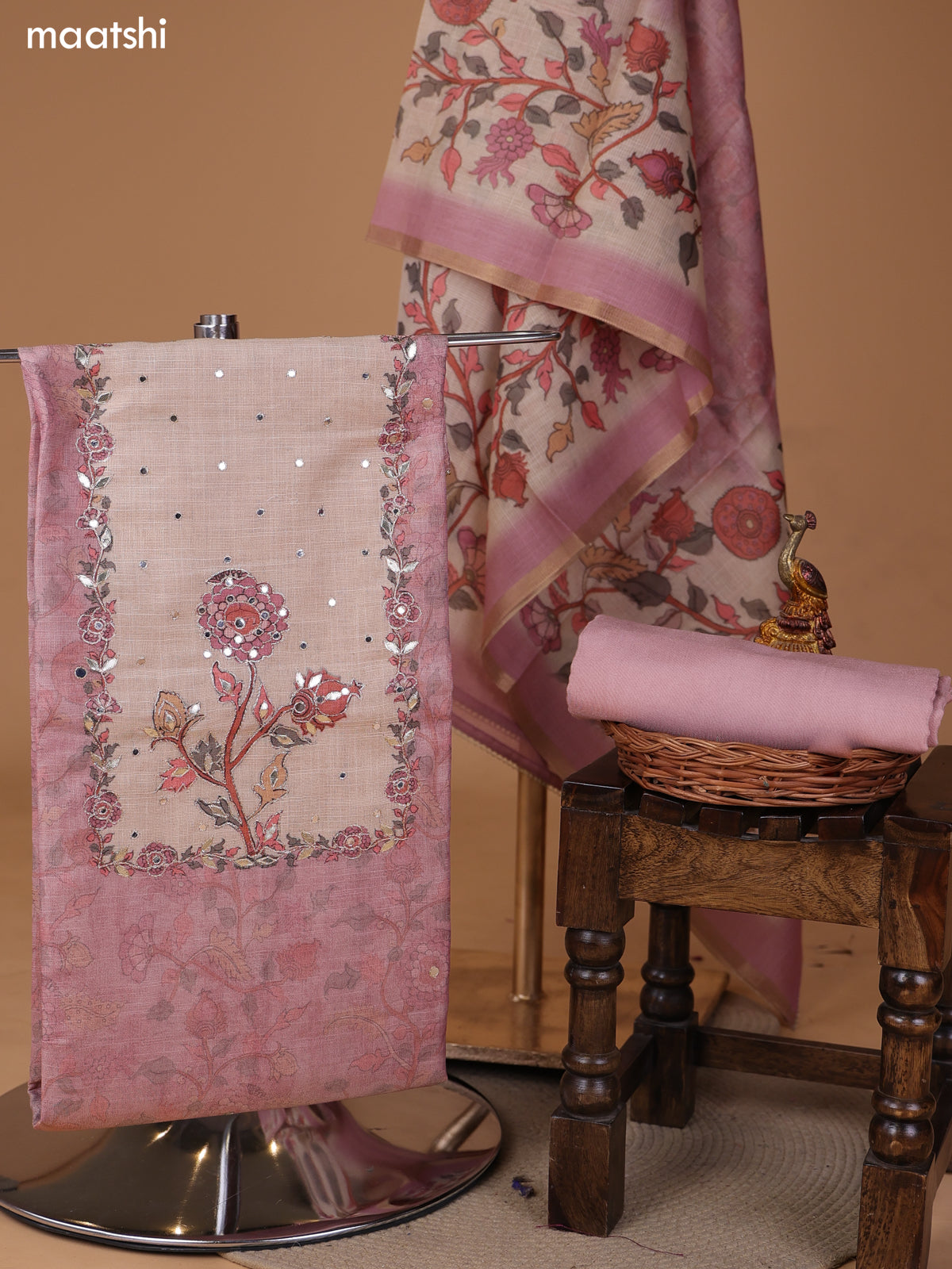 Pastel Pink and Biege Tissue Linen Dress Material With Floral Prints & Embroidery Work Neck Pattern and Bottom & Dupatta