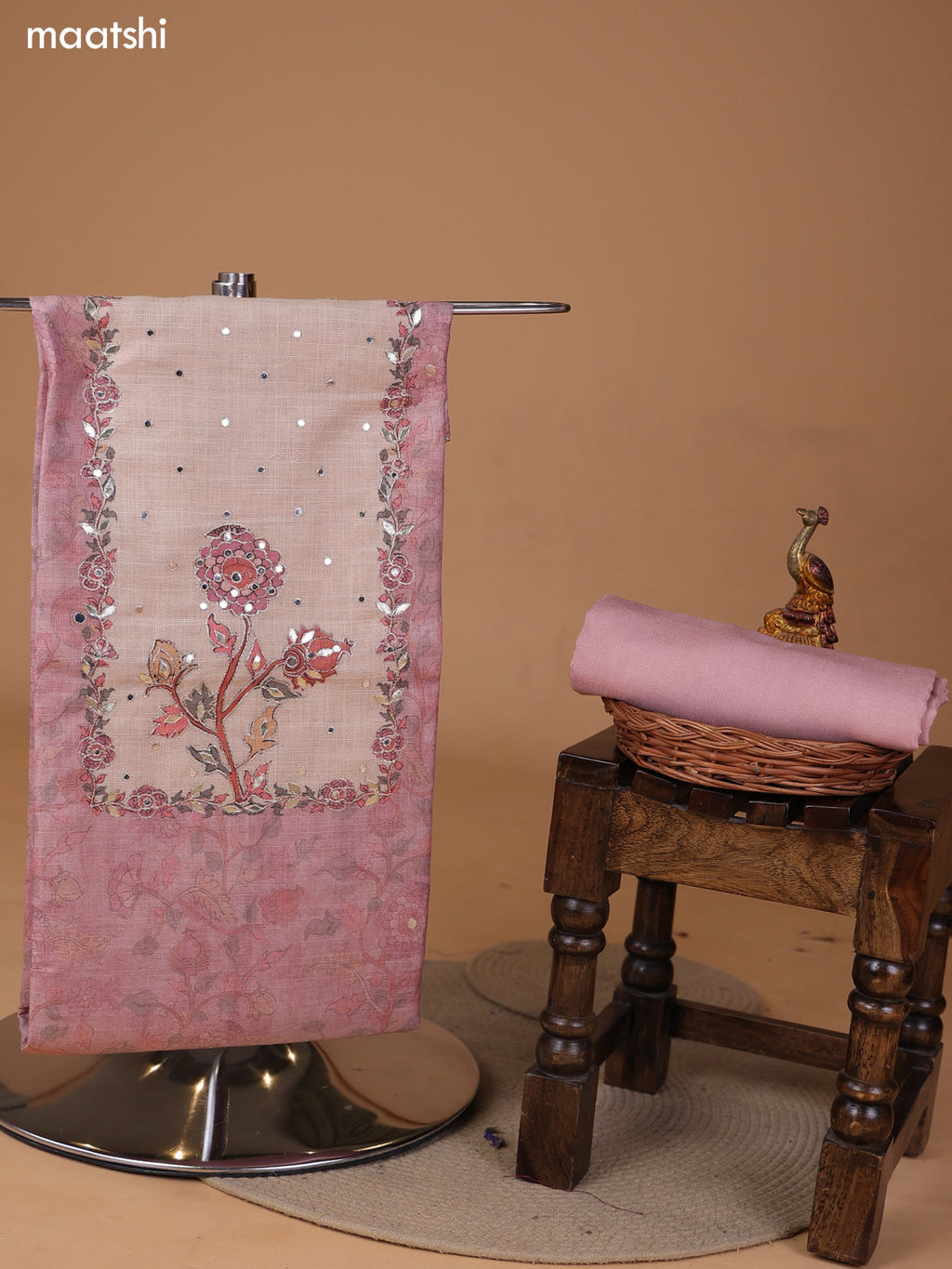 Pastel Pink and Biege Tissue Linen Dress Material With Floral Prints & Embroidery Work Neck Pattern and Bottom & Dupatta