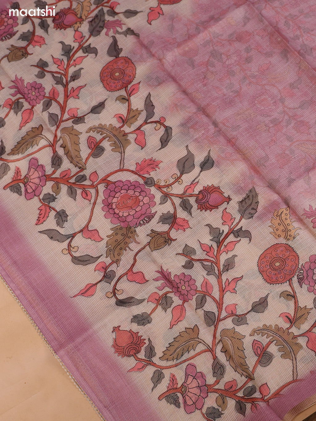 Pastel Pink and Biege Tissue Linen Dress Material With Floral Prints & Embroidery Work Neck Pattern and Bottom & Dupatta