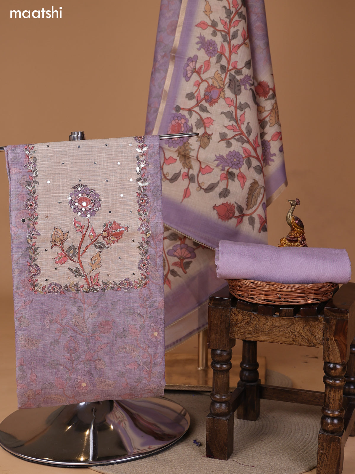 Pastel Lavender and Biege Tissue Linen Dress Material With Floral Prints & Embroidery Work Neck Pattern and Bottom & Dupatta