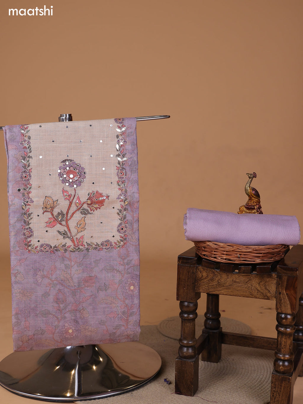 Pastel Lavender and Biege Tissue Linen Dress Material With Floral Prints & Embroidery Work Neck Pattern and Bottom & Dupatta