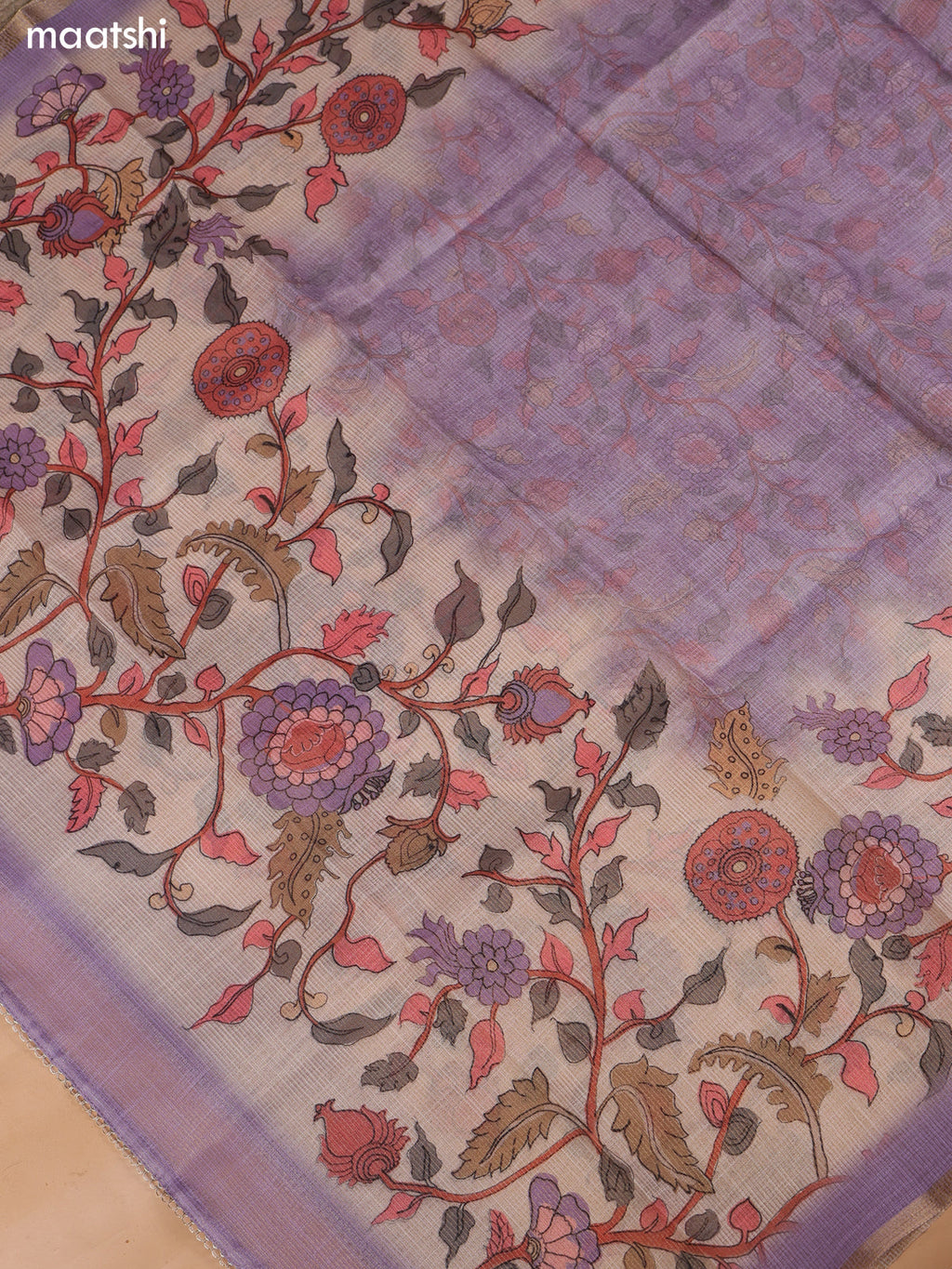 Pastel Lavender and Biege Tissue Linen Dress Material With Floral Prints & Embroidery Work Neck Pattern and Bottom & Dupatta