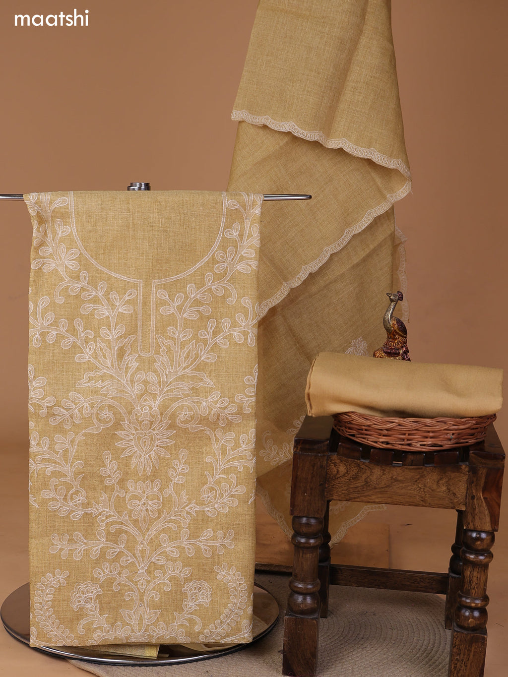 Pastel Yellow and Off White Tissue Linen Dress Material With Embroidery Work Neck Pattern and Bottom & Dupatta