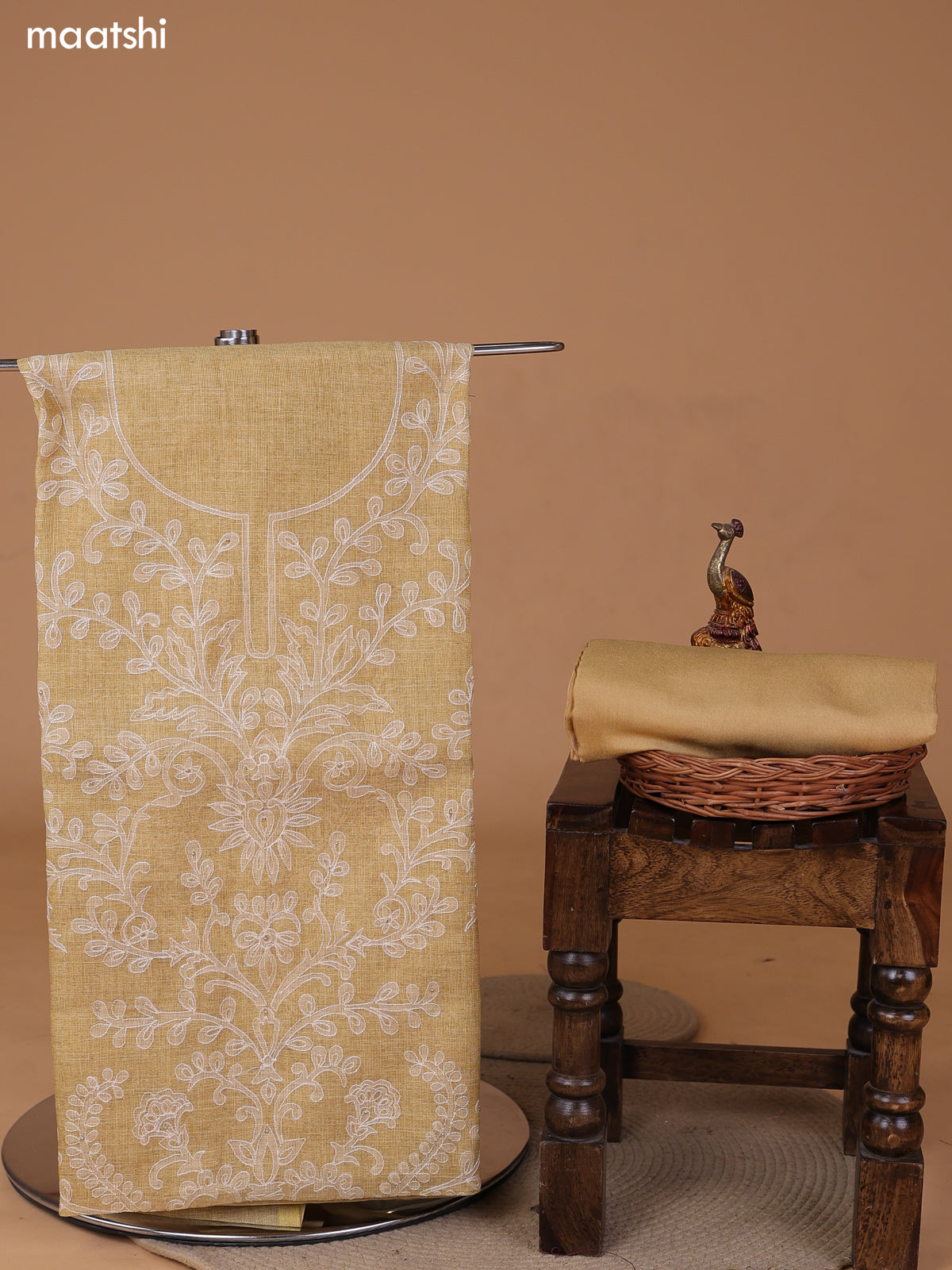 Pastel Yellow and Off White Tissue Linen Dress Material With Embroidery Work Neck Pattern and Bottom & Dupatta