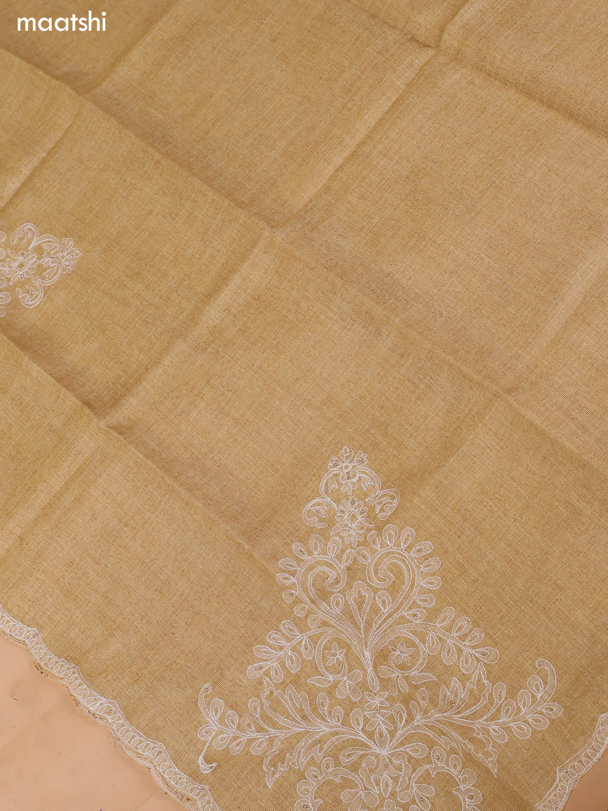 Pastel Yellow and Off White Tissue Linen Dress Material With Embroidery Work Neck Pattern and Bottom & Dupatta