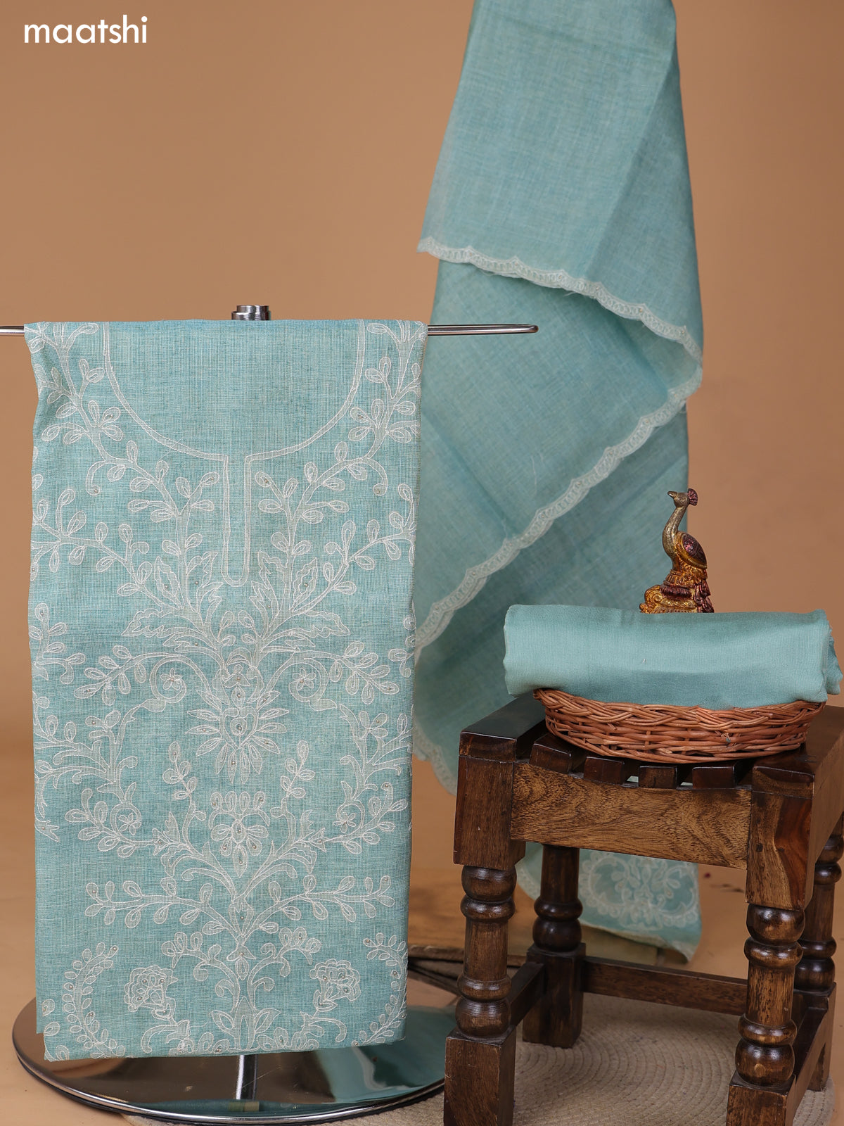 Teal Shade and Off White Tissue Linen Dress Material With Embroidery Work Neck Pattern and Bottom & Dupatta