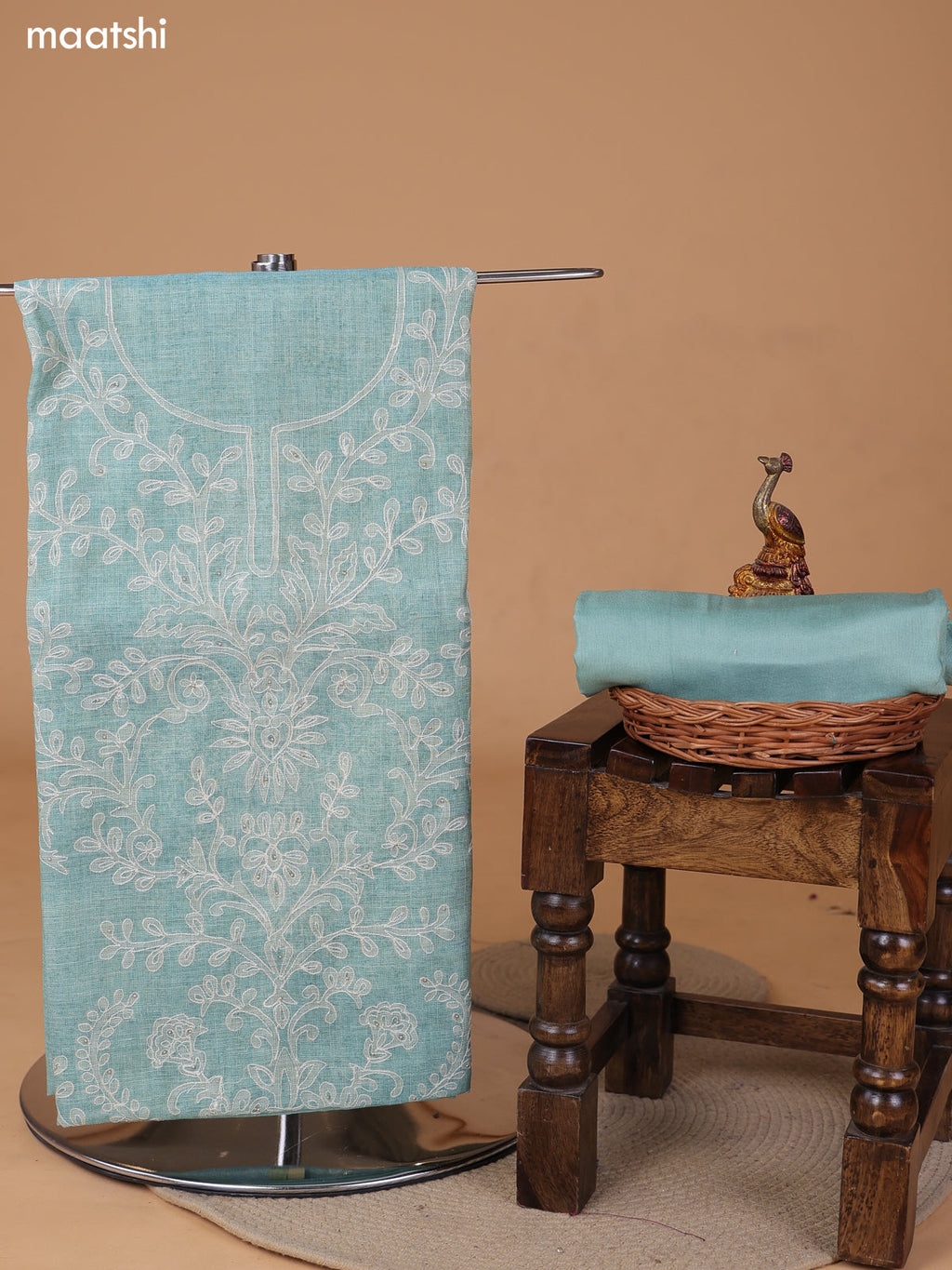 Teal Shade and Off White Tissue Linen Dress Material With Embroidery Work Neck Pattern and Bottom & Dupatta