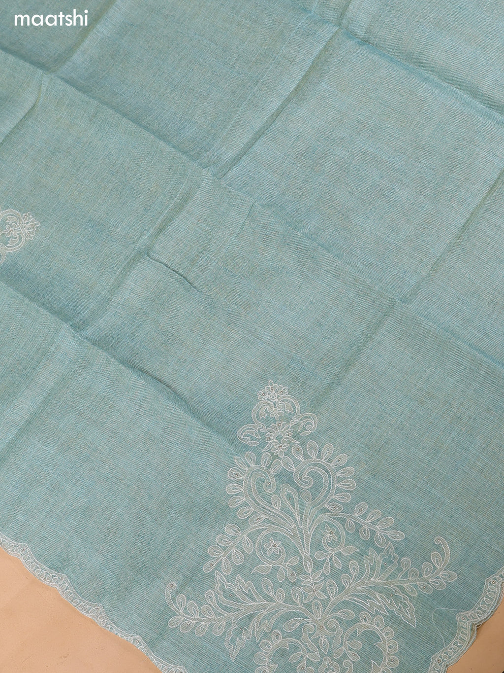 Teal Shade and Off White Tissue Linen Dress Material With Embroidery Work Neck Pattern and Bottom & Dupatta