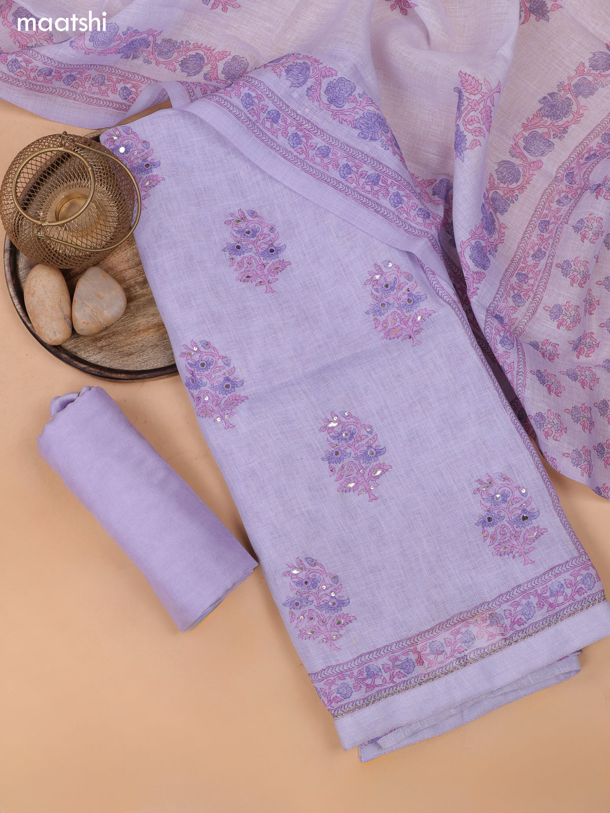 Pastel Lavender Linen Cotton Dress Material With Floral Butta Prints & Embroidery Work Pattern and Bottom & Dupatta