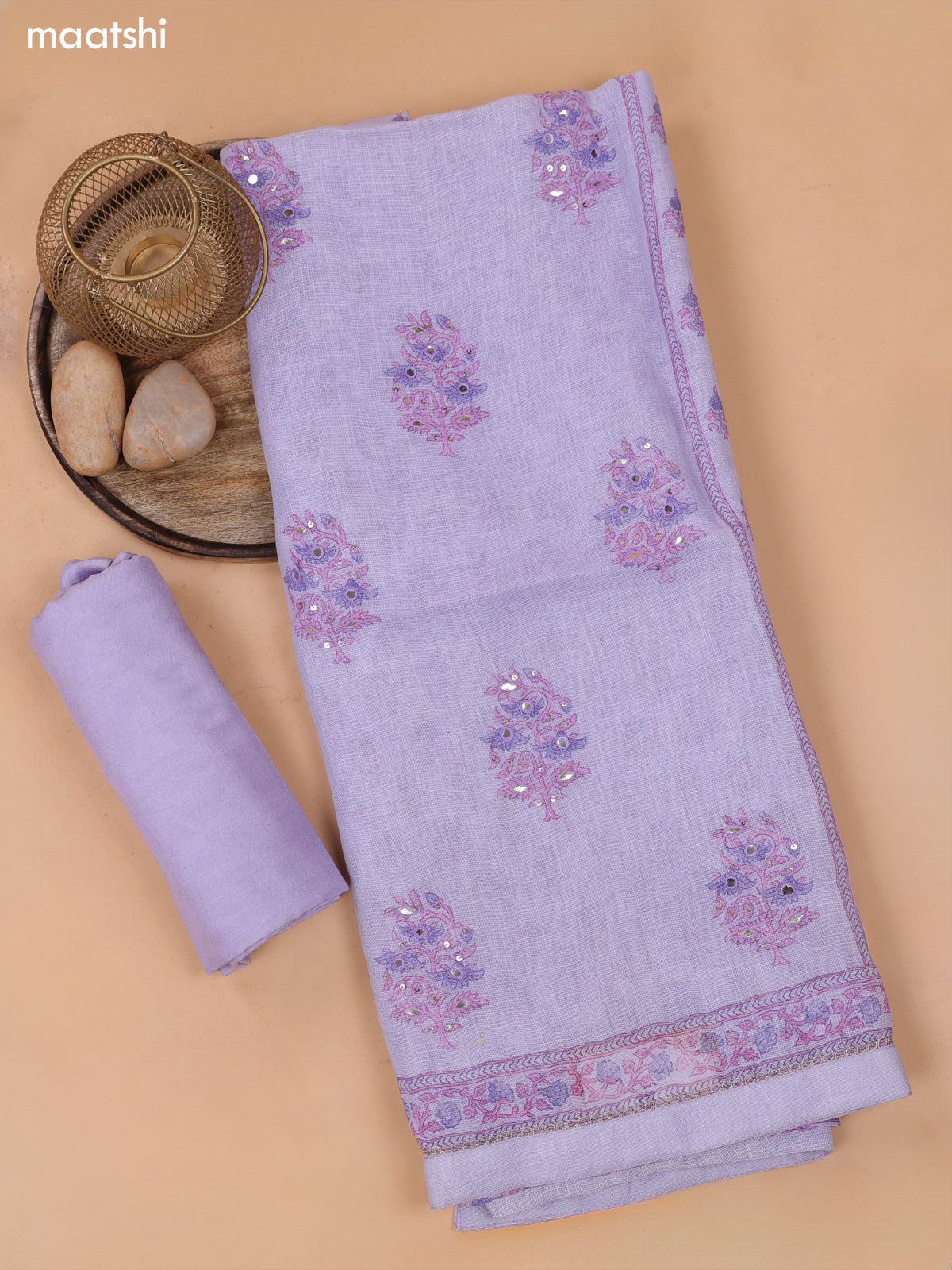 Pastel Lavender Linen Cotton Dress Material With Floral Butta Prints & Embroidery Work Pattern and Bottom & Dupatta