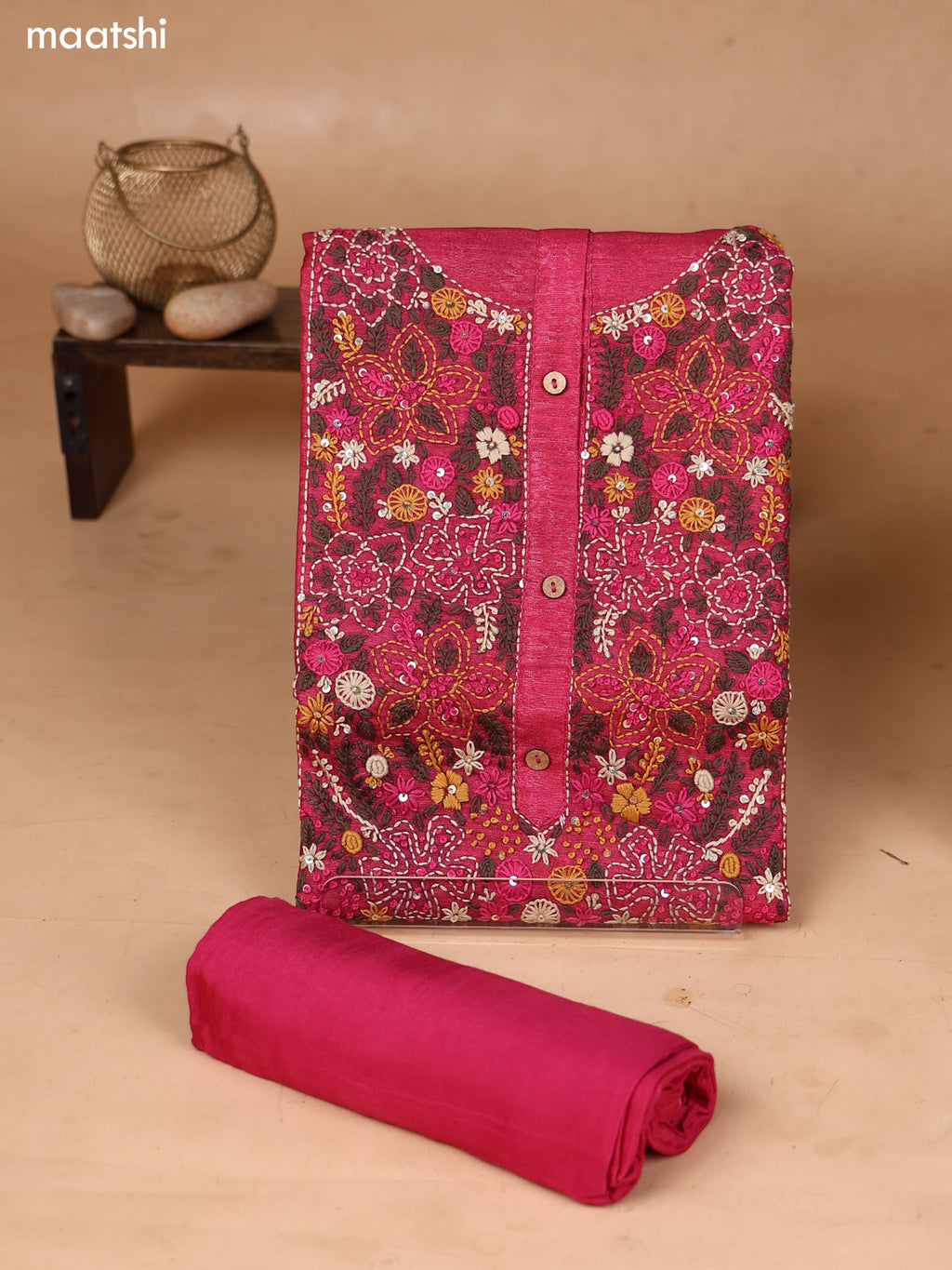 Rani Pink Art Silk Dress Material With Embroidery Work Neck Pattern and Bottom & Dupatta
