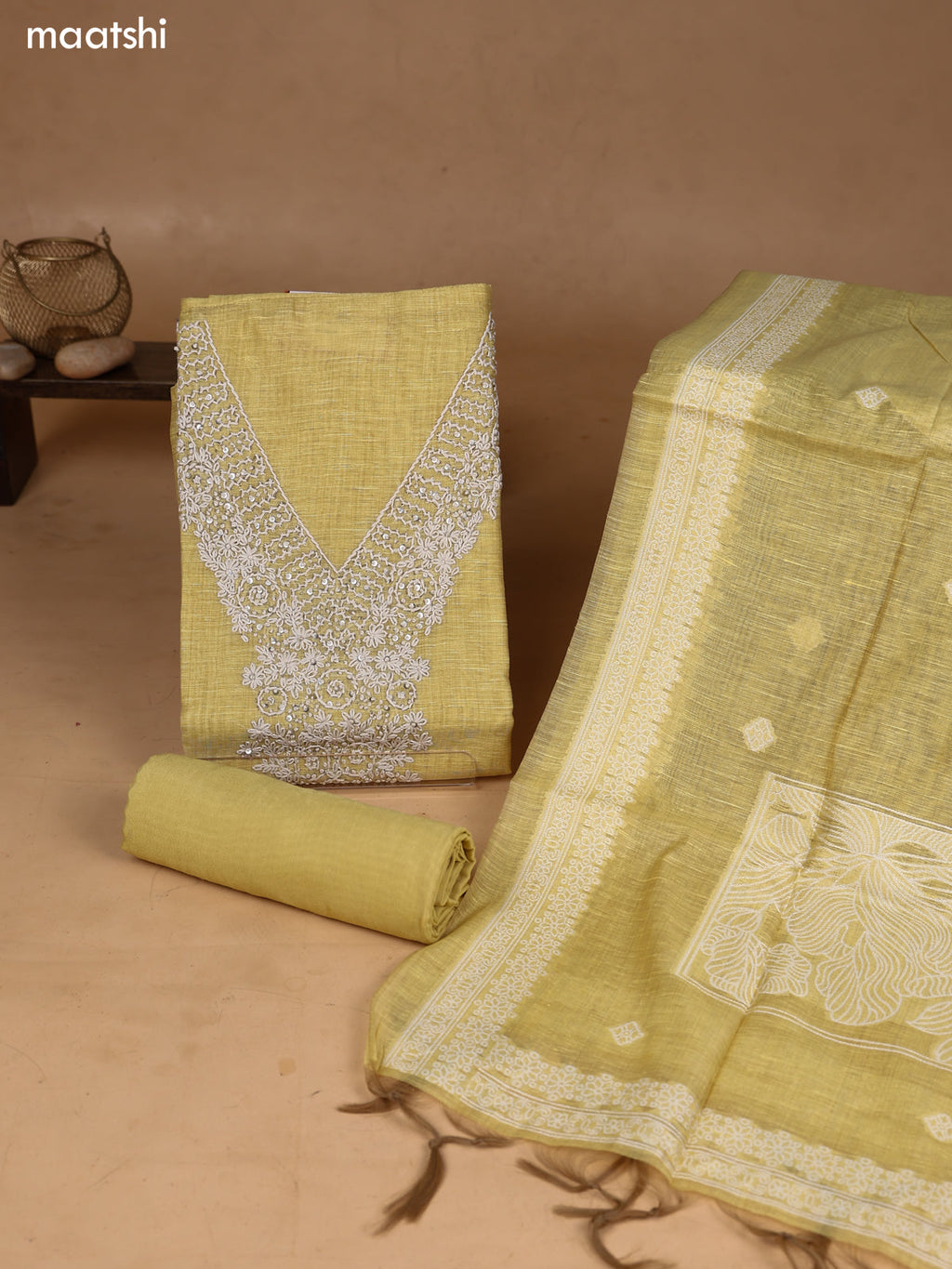 Yellow and Off White Art Silk Dress Material With Embroidery Work Neck Pattern and Bottom & Dupatta