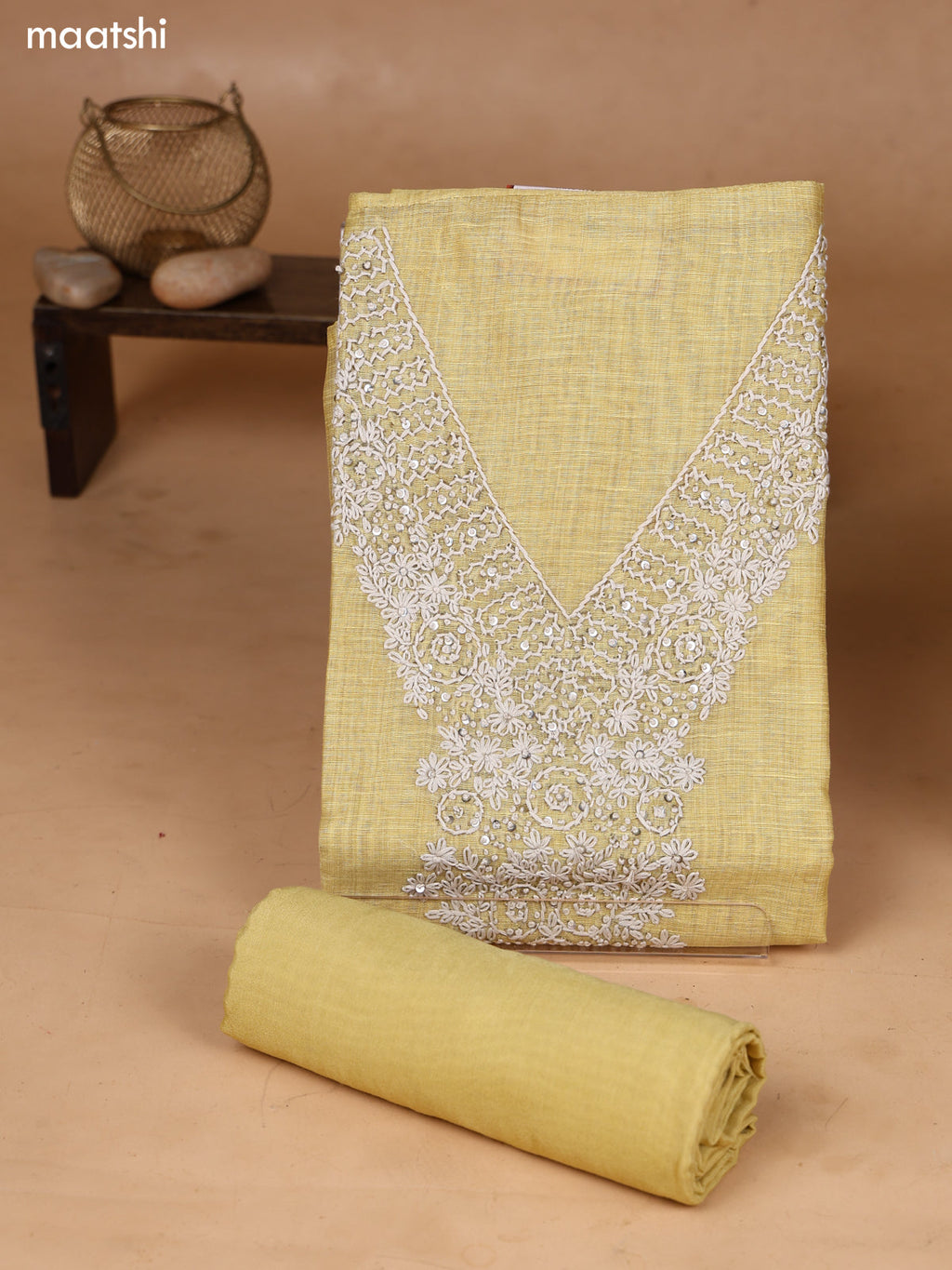 Yellow and Off White Art Silk Dress Material With Embroidery Work Neck Pattern and Bottom & Dupatta