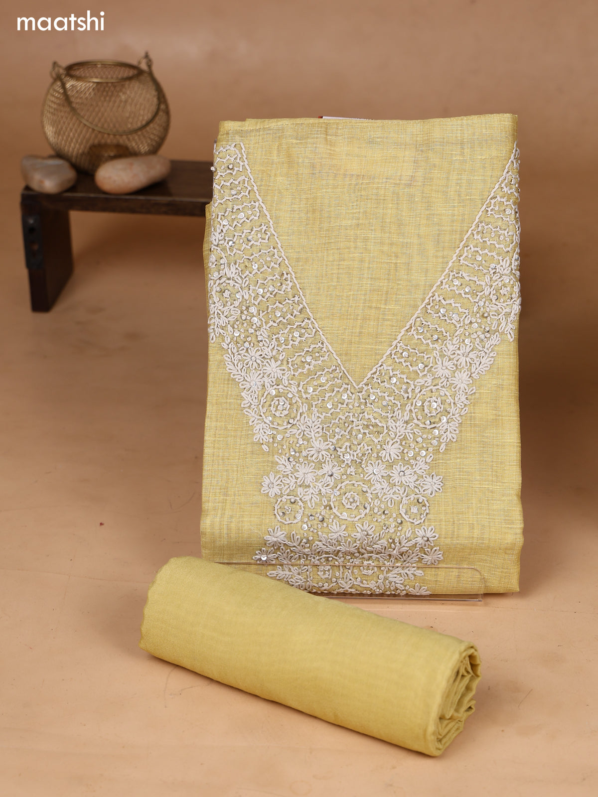 Yellow and Off White Art Silk Dress Material With Embroidery Work Neck Pattern and Bottom & Dupatta