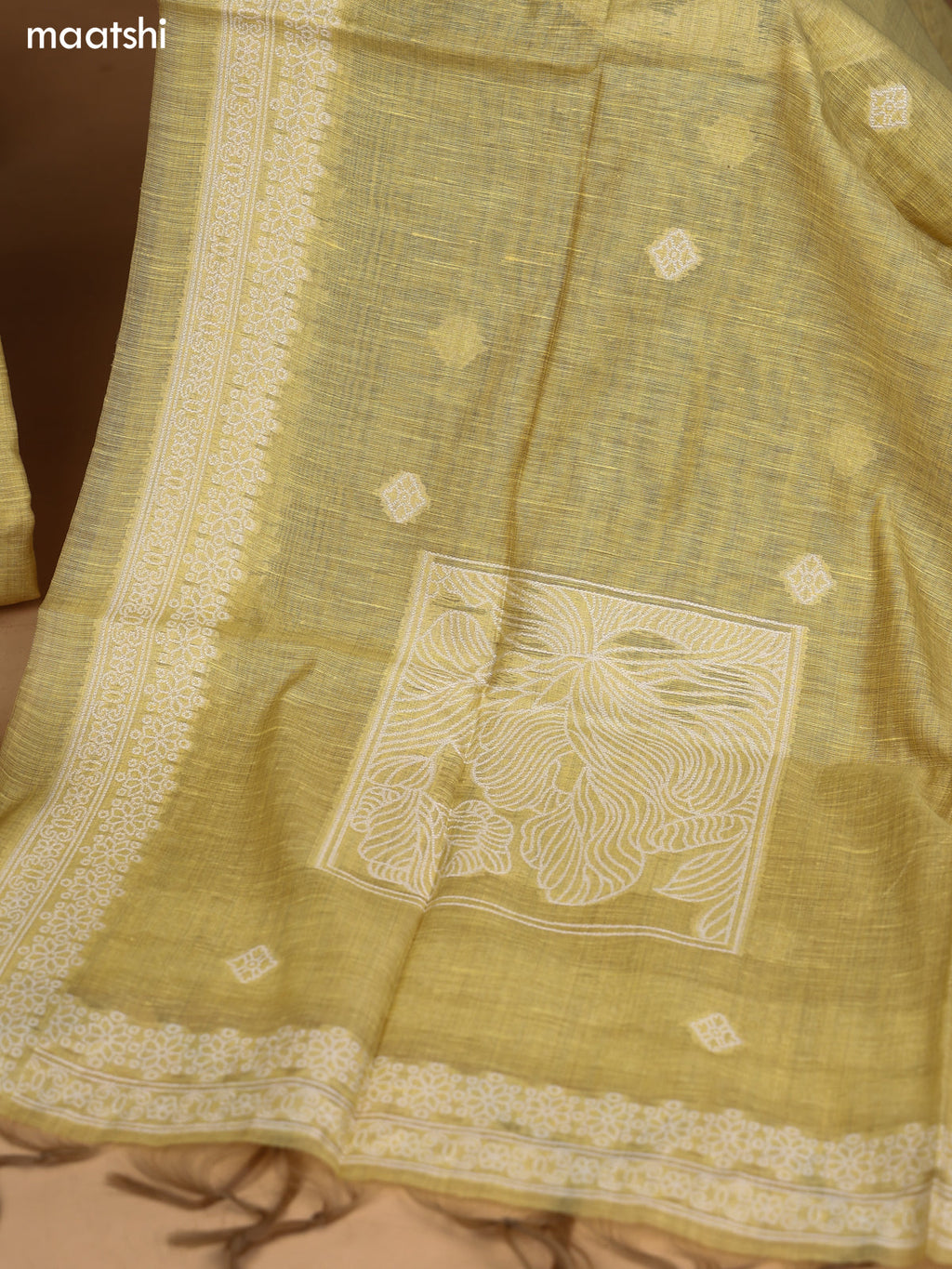 Yellow and Off White Art Silk Dress Material With Embroidery Work Neck Pattern and Bottom & Dupatta