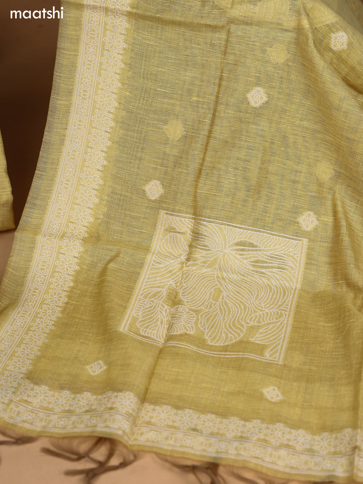 Yellow and Off White Art Silk Dress Material With Embroidery Work Neck Pattern and Bottom & Dupatta