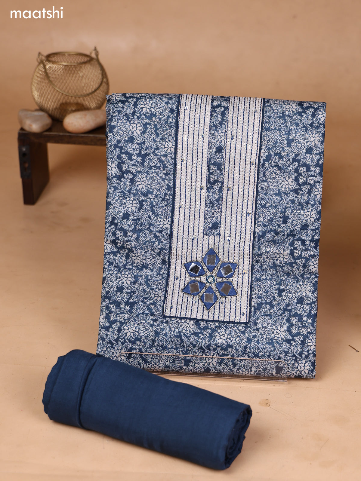 Blue and Biege Art Silk Dress Material With Floral Printed & Embroidery Work Neck Pattern and Bottom & Dupatta