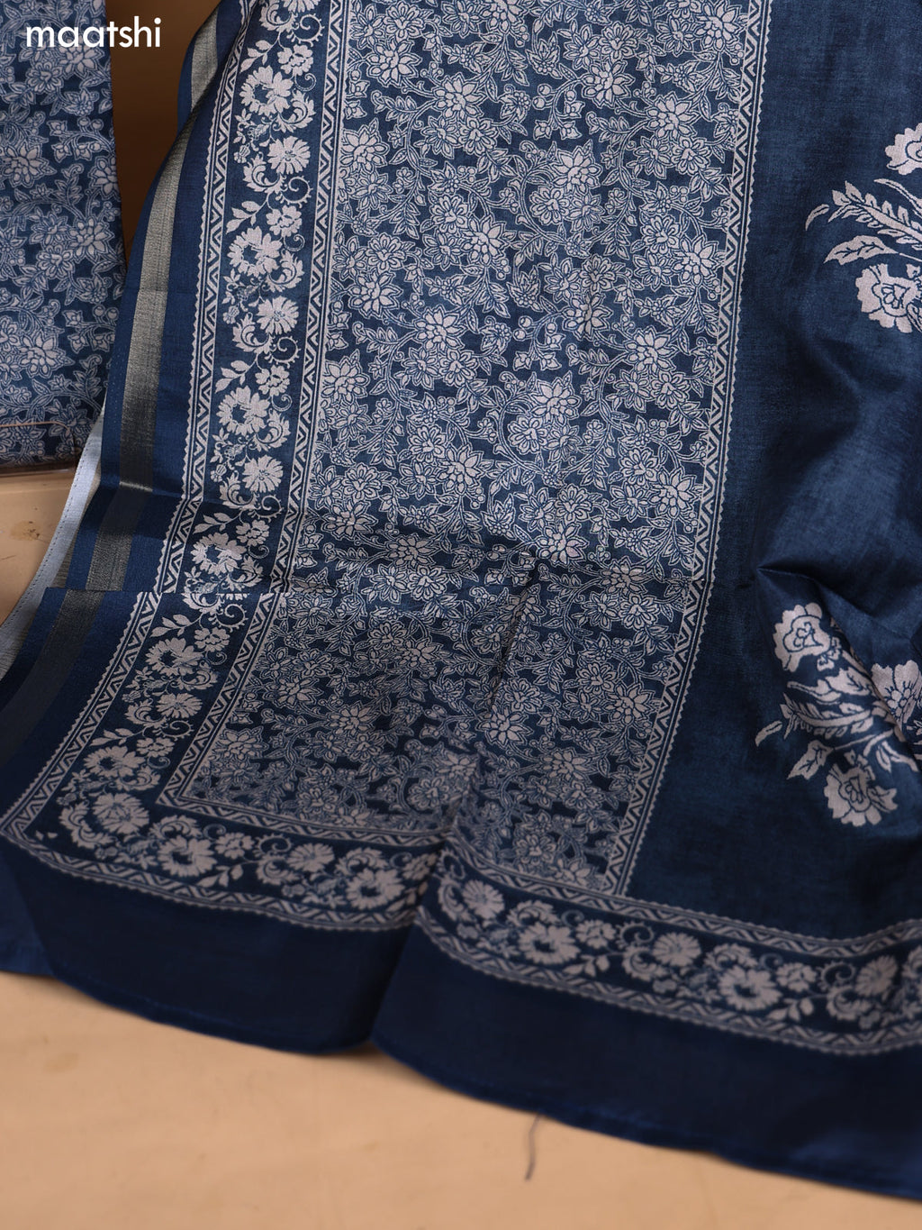 Blue and Biege Art Silk Dress Material With Floral Printed & Embroidery Work Neck Pattern and Bottom & Dupatta