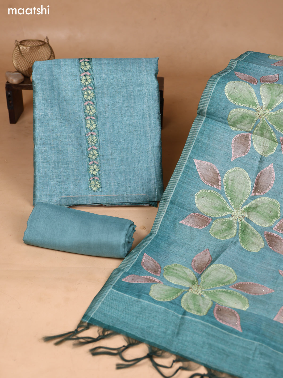Teal Green Art Silk Dress Material With Embroidery Work Neck Pattern and Bottom & Dupatta