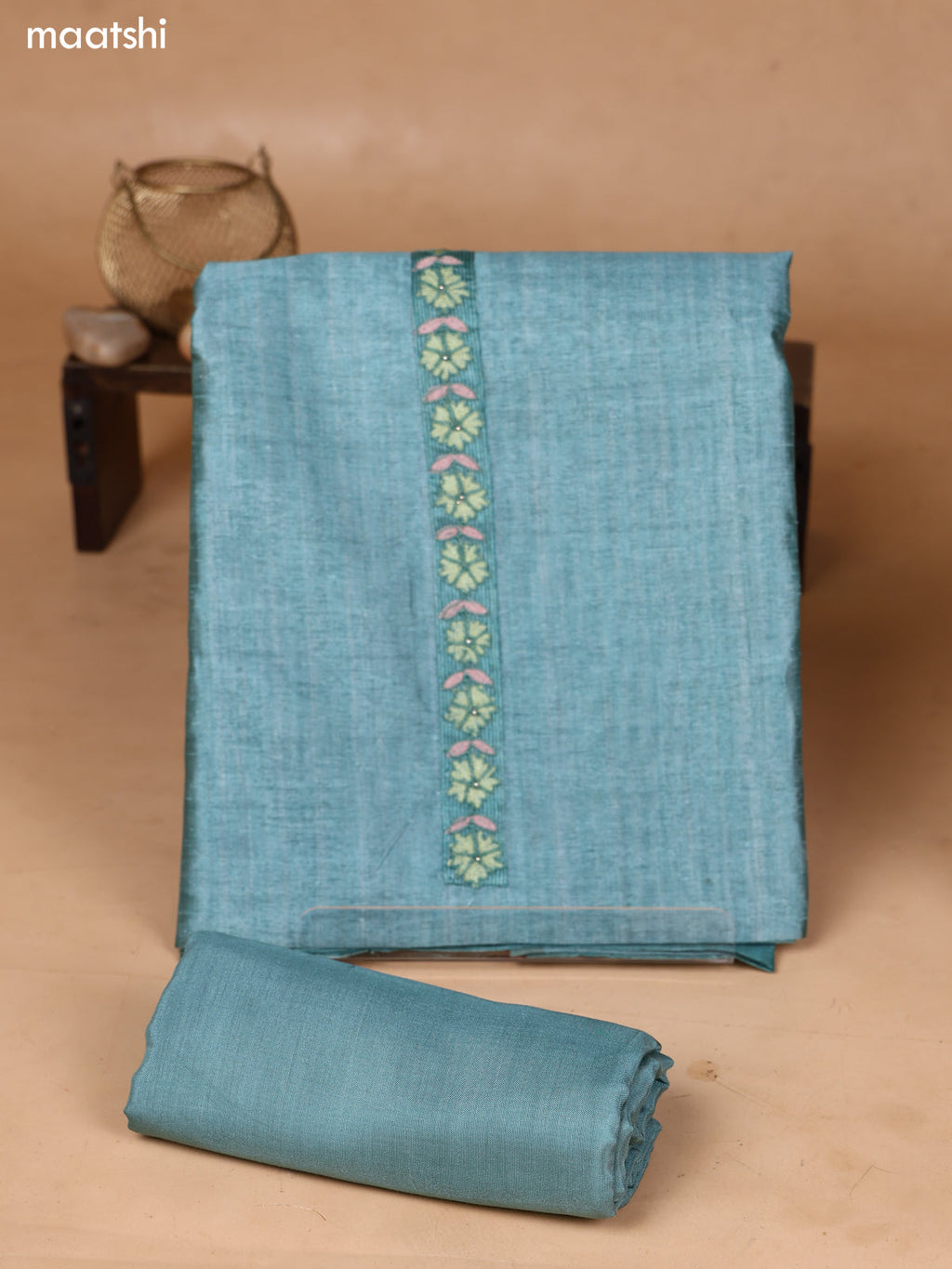 Teal Green Art Silk Dress Material With Embroidery Work Neck Pattern and Bottom & Dupatta