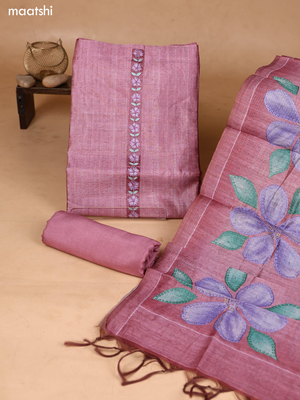 Mauve Pink Art Silk Dress Material With Embroidery Work Neck Pattern and Bottom & Dupatta