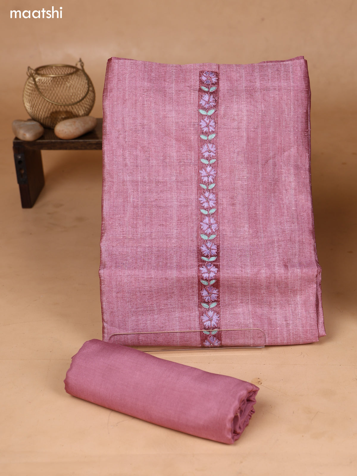 Mauve Pink Art Silk Dress Material With Embroidery Work Neck Pattern and Bottom & Dupatta