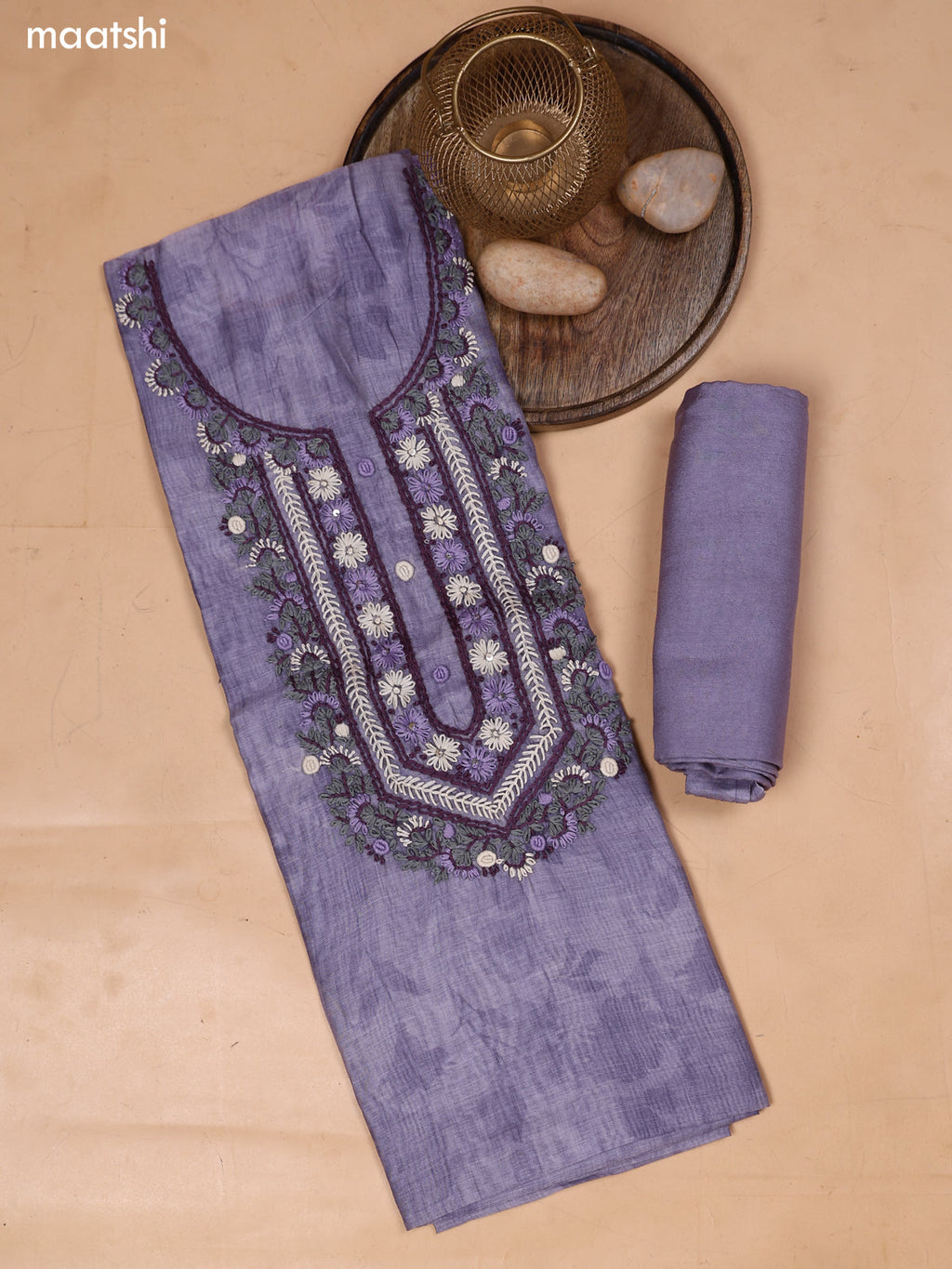 Pastel Lavender Mul Chanderi Dress Material With Embroidery Work Neck Pattern and Bottom & Dupatta