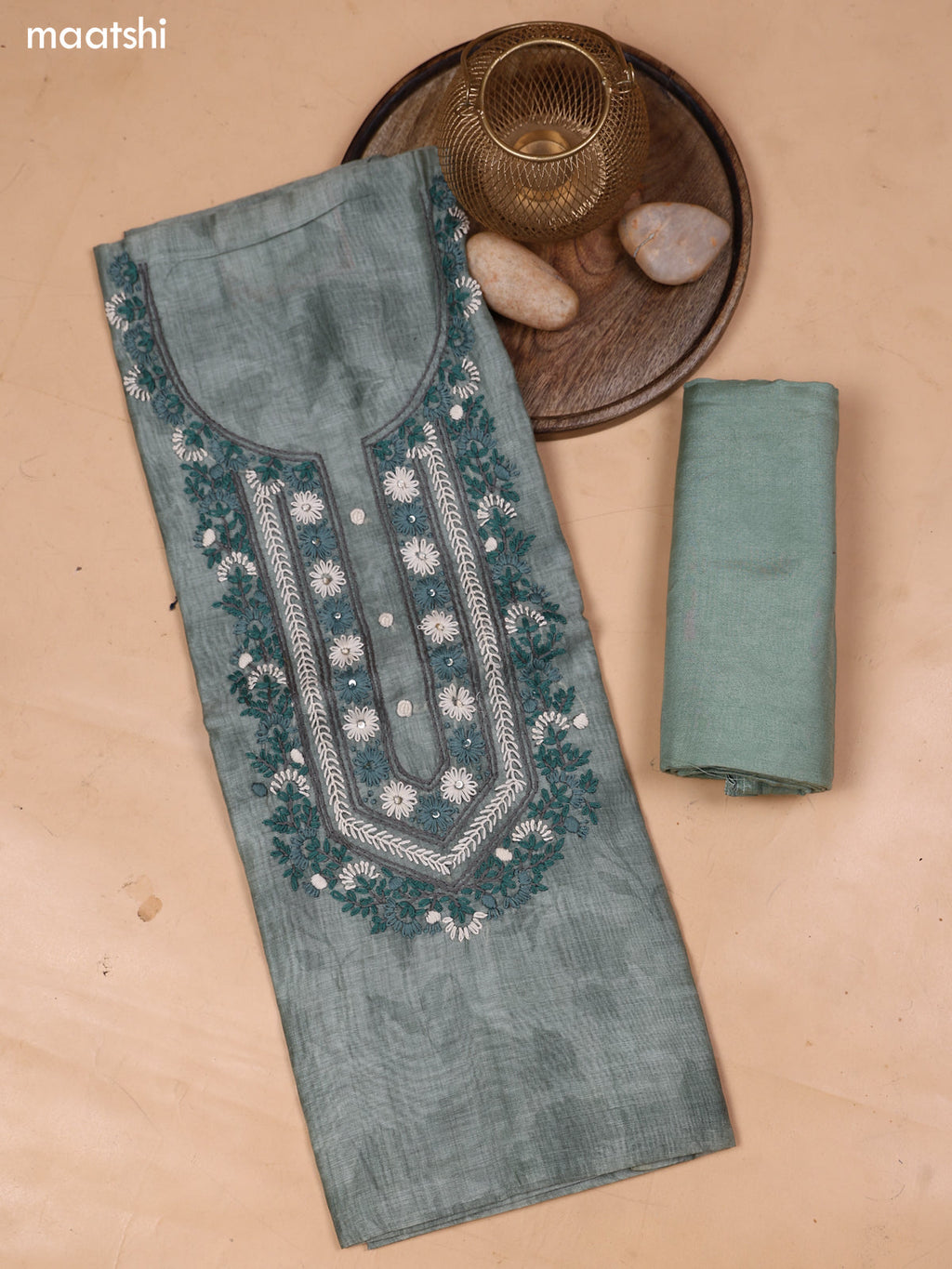 Pastel Green Mul Chanderi Dress Material With Embroidery Work Neck Pattern and Bottom & Dupatta