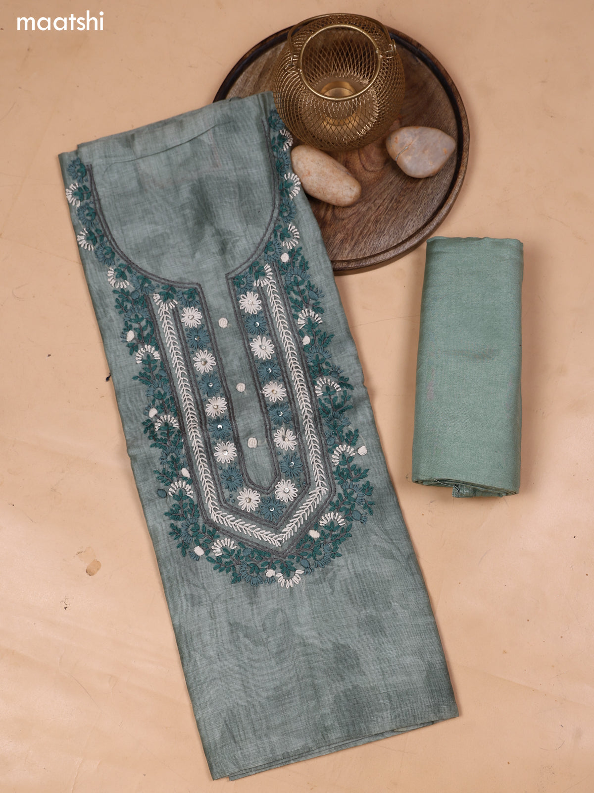 Pastel Green Mul Chanderi Dress Material With Embroidery Work Neck Pattern and Bottom & Dupatta