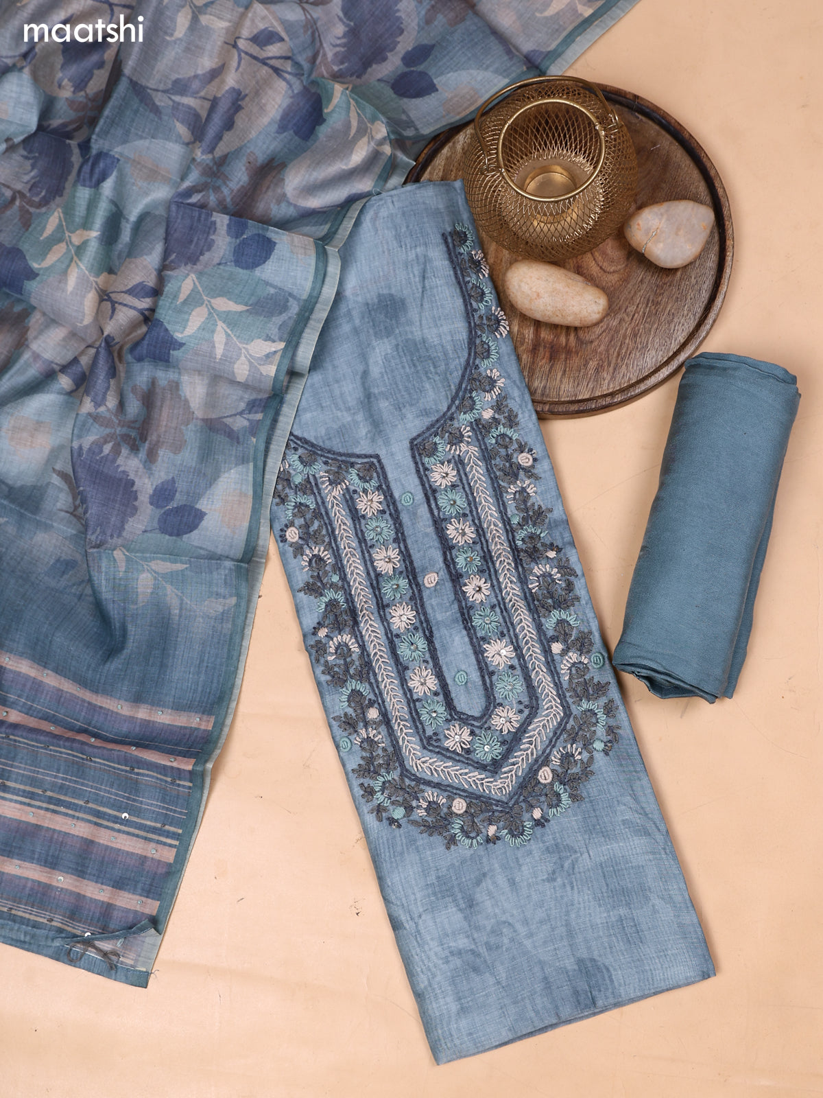 Pastel Blue Mul Chanderi Dress Material With Embroidery Work Neck Pattern and Bottom & Dupatta
