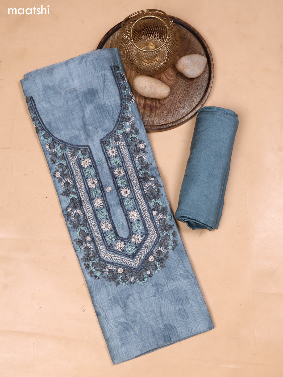 Pastel Blue Mul Chanderi Dress Material With Embroidery Work Neck Pattern and Bottom & Dupatta