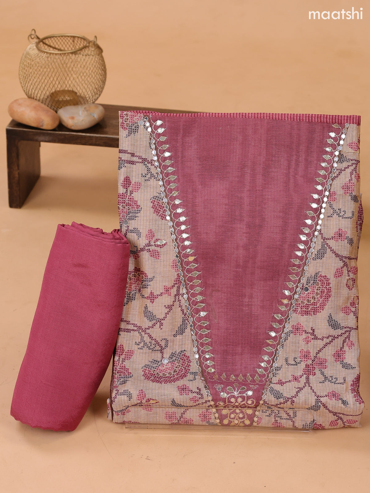 Biege and Mauve Pink Art Tussar Dress Material With Floral Printed & Embroidery Work Neck Pattern and Bottom & Dupatta
