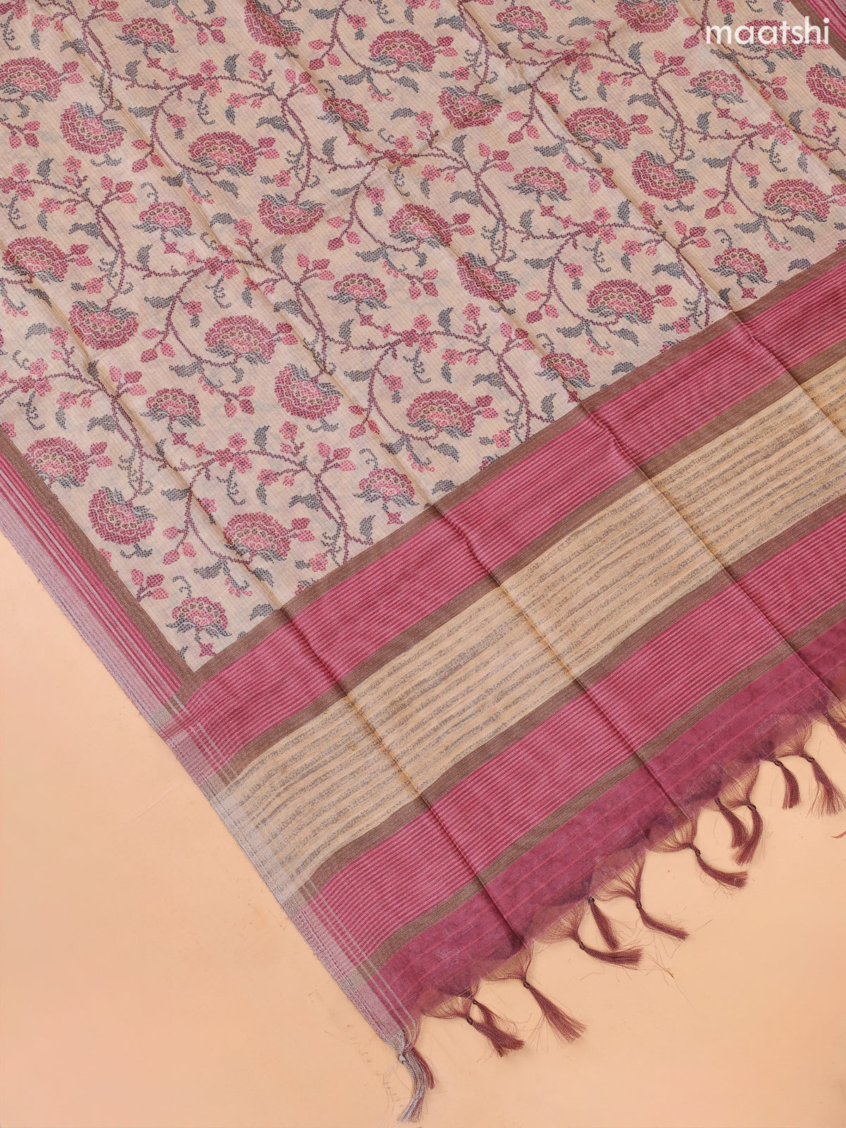 Biege and Mauve Pink Art Tussar Dress Material With Floral Printed & Embroidery Work Neck Pattern and Bottom & Dupatta