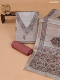 Biege and Pastel Brown Art Tussar Dress Material With Floral Printed & Embroidery Work Neck Pattern and Bottom & Dupatta