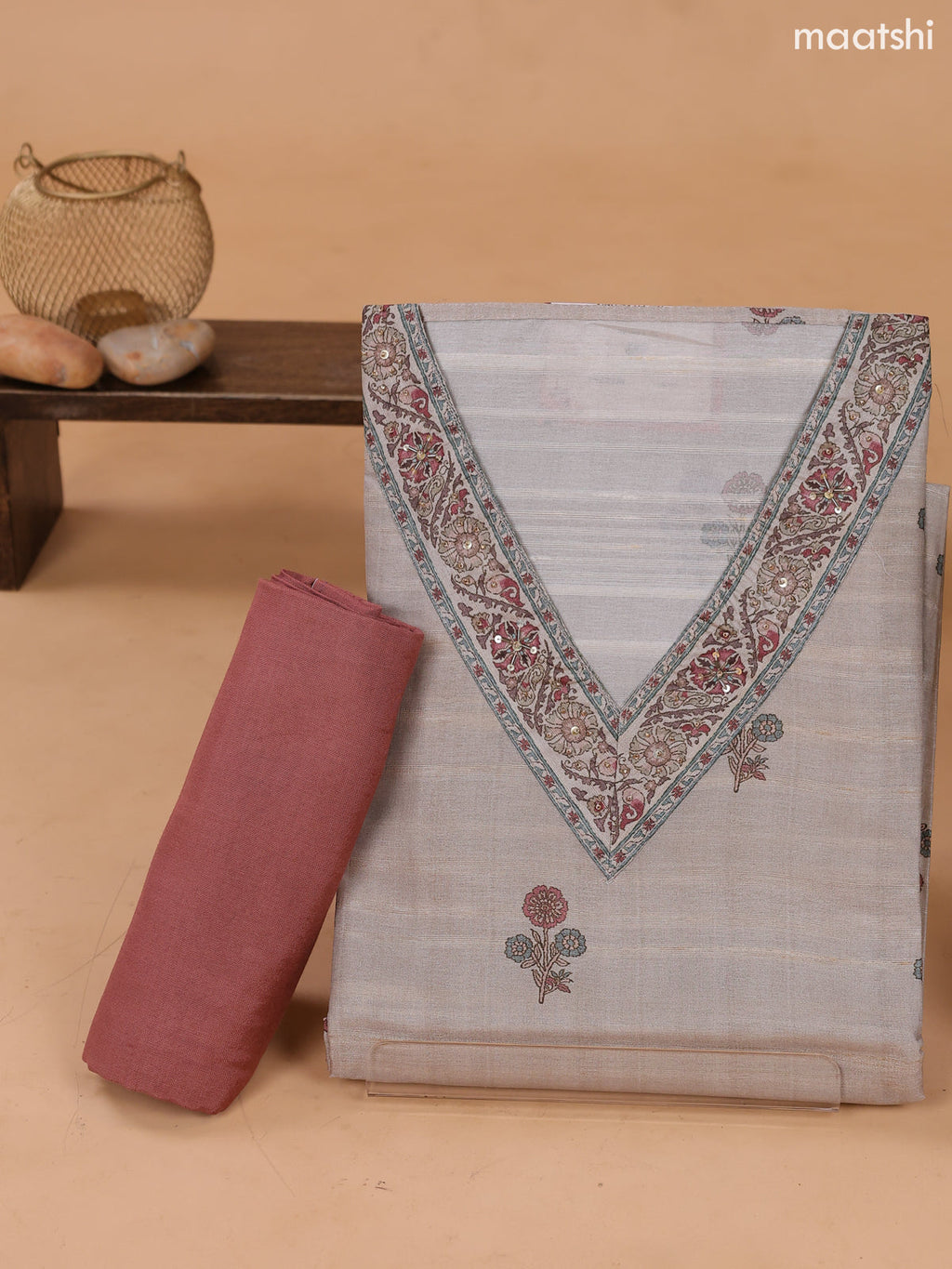 Biege and Pastel Brown Art Tussar Dress Material With Floral Printed & Embroidery Work Neck Pattern and Bottom & Dupatta