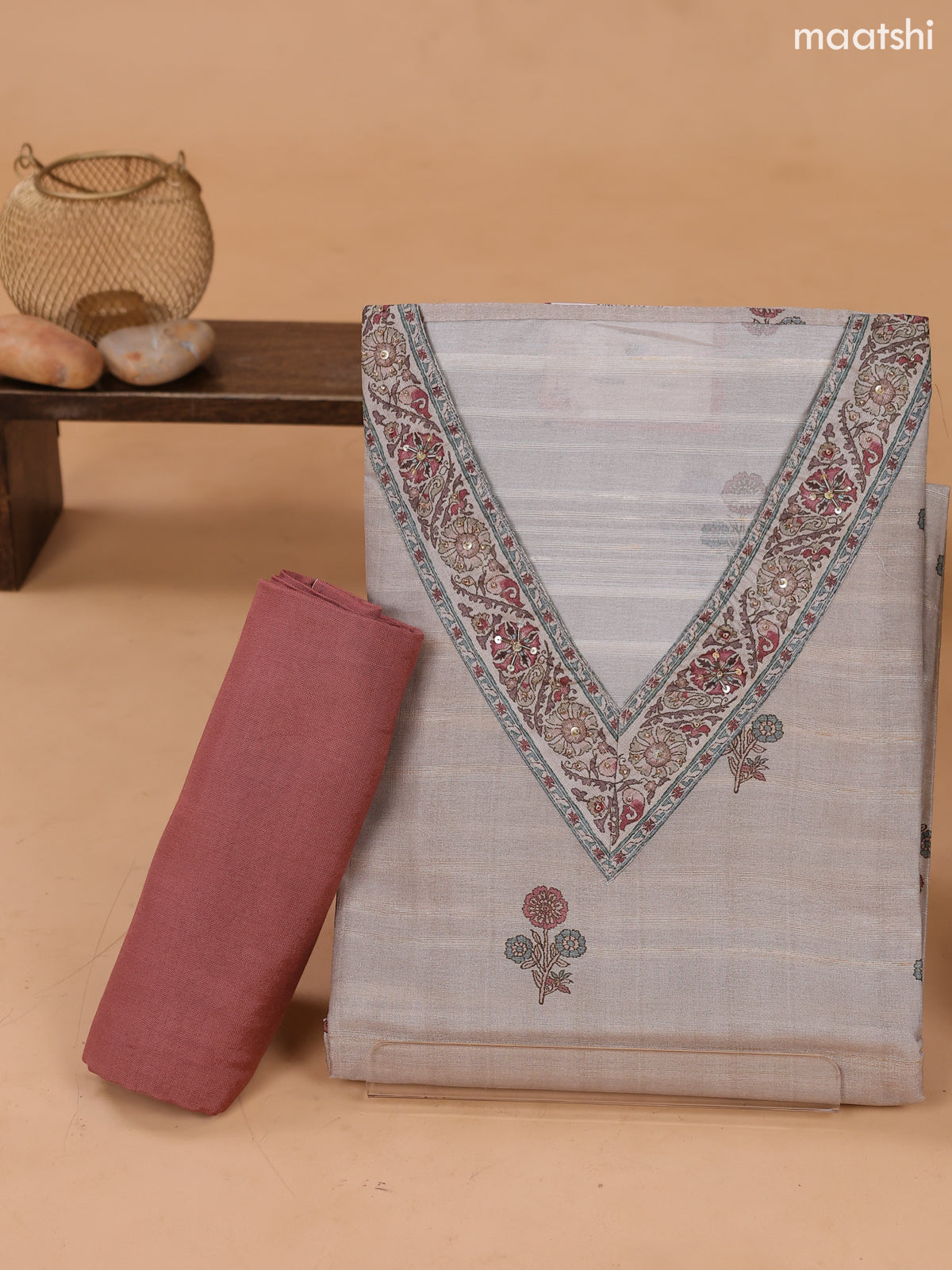 Biege and Pastel Brown Art Tussar Dress Material With Floral Printed & Embroidery Work Neck Pattern and Bottom & Dupatta
