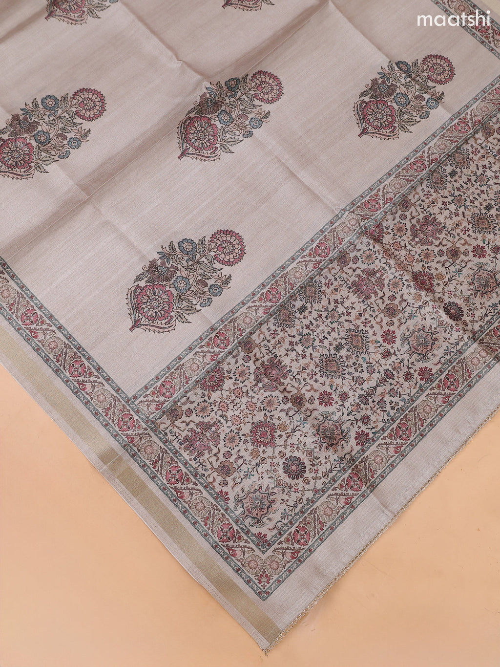 Biege and Pastel Brown Art Tussar Dress Material With Floral Printed & Embroidery Work Neck Pattern and Bottom & Dupatta