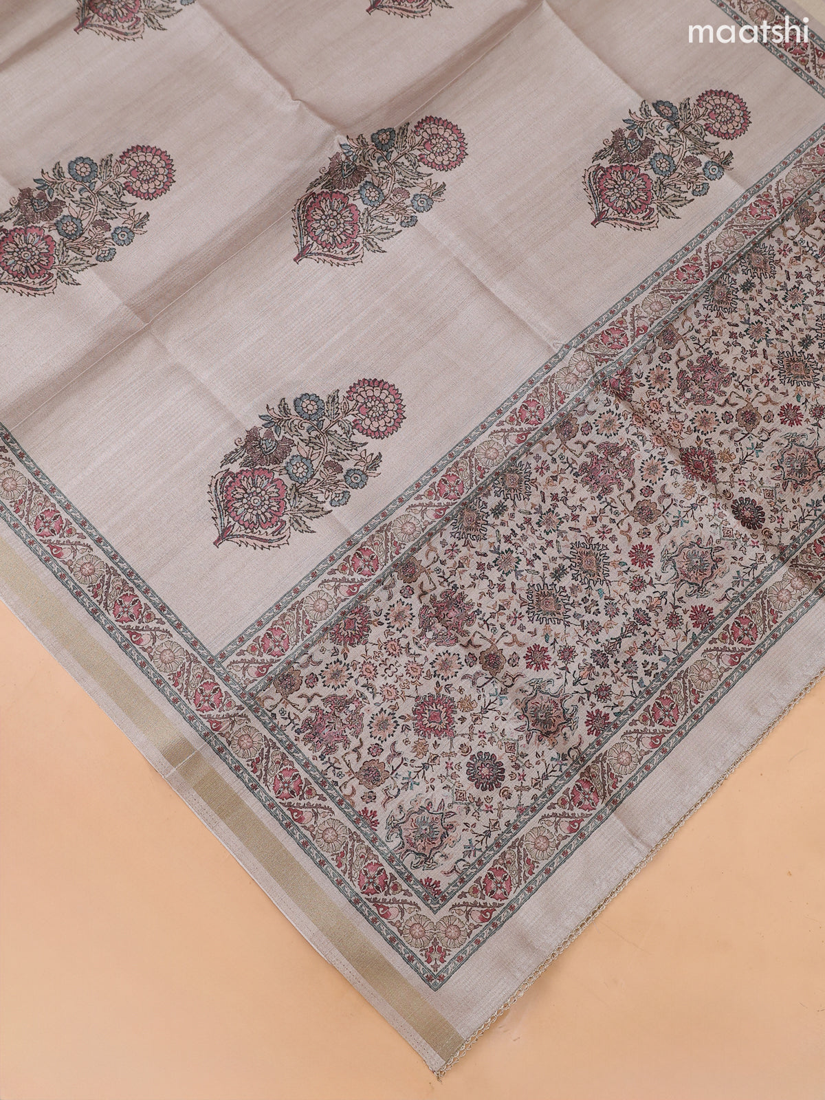 Biege and Pastel Brown Art Tussar Dress Material With Floral Printed & Embroidery Work Neck Pattern and Bottom & Dupatta